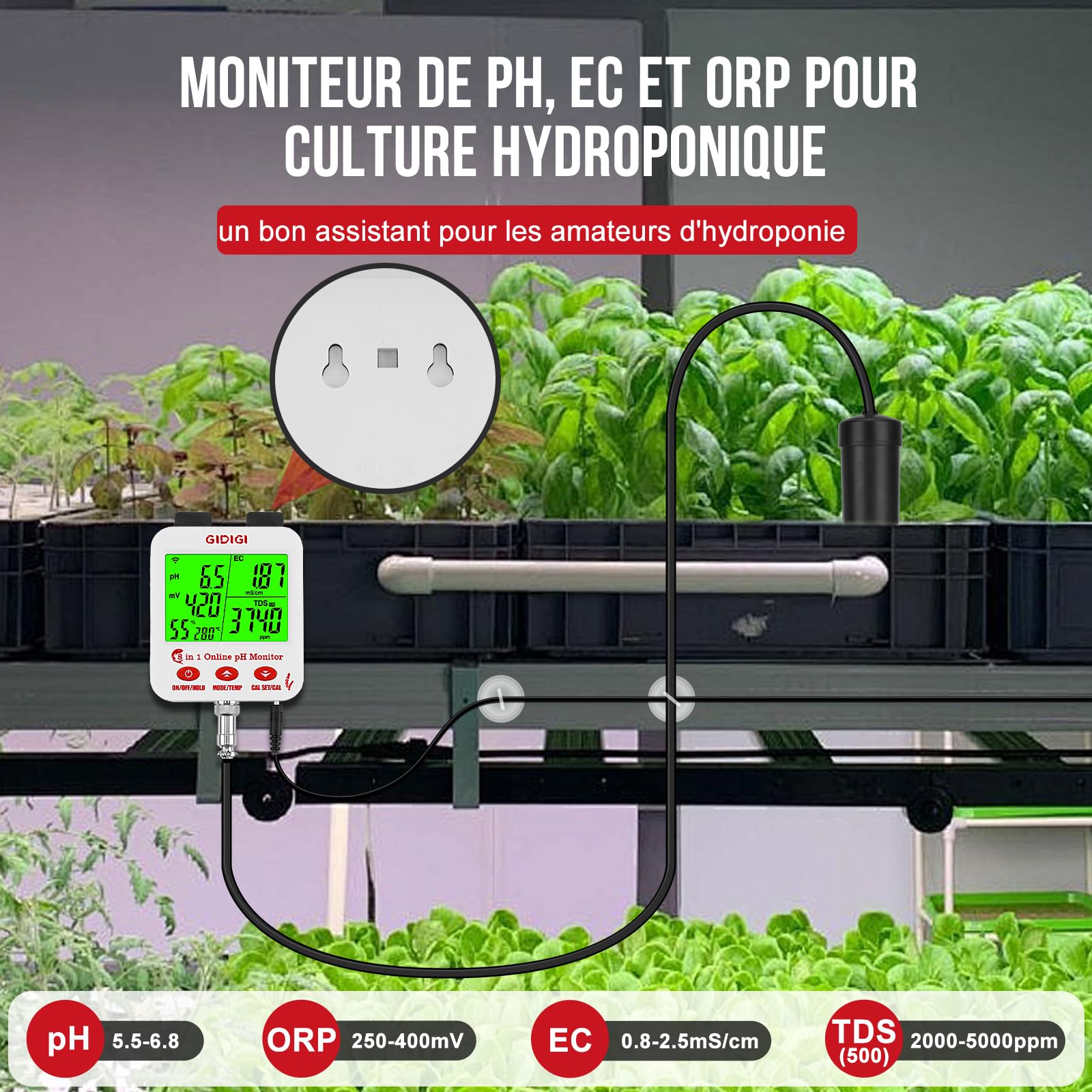 Moniteur de pH, EC et ppm pour l'eau, testeur de pH Wi-Fi pour hydroponique | 8 en 1 pour Aquarim,Surveillance continue du pH, ppm et EC du réservoir d'eau aéroponique DWC, surveillance 24 h/24 via Tuya