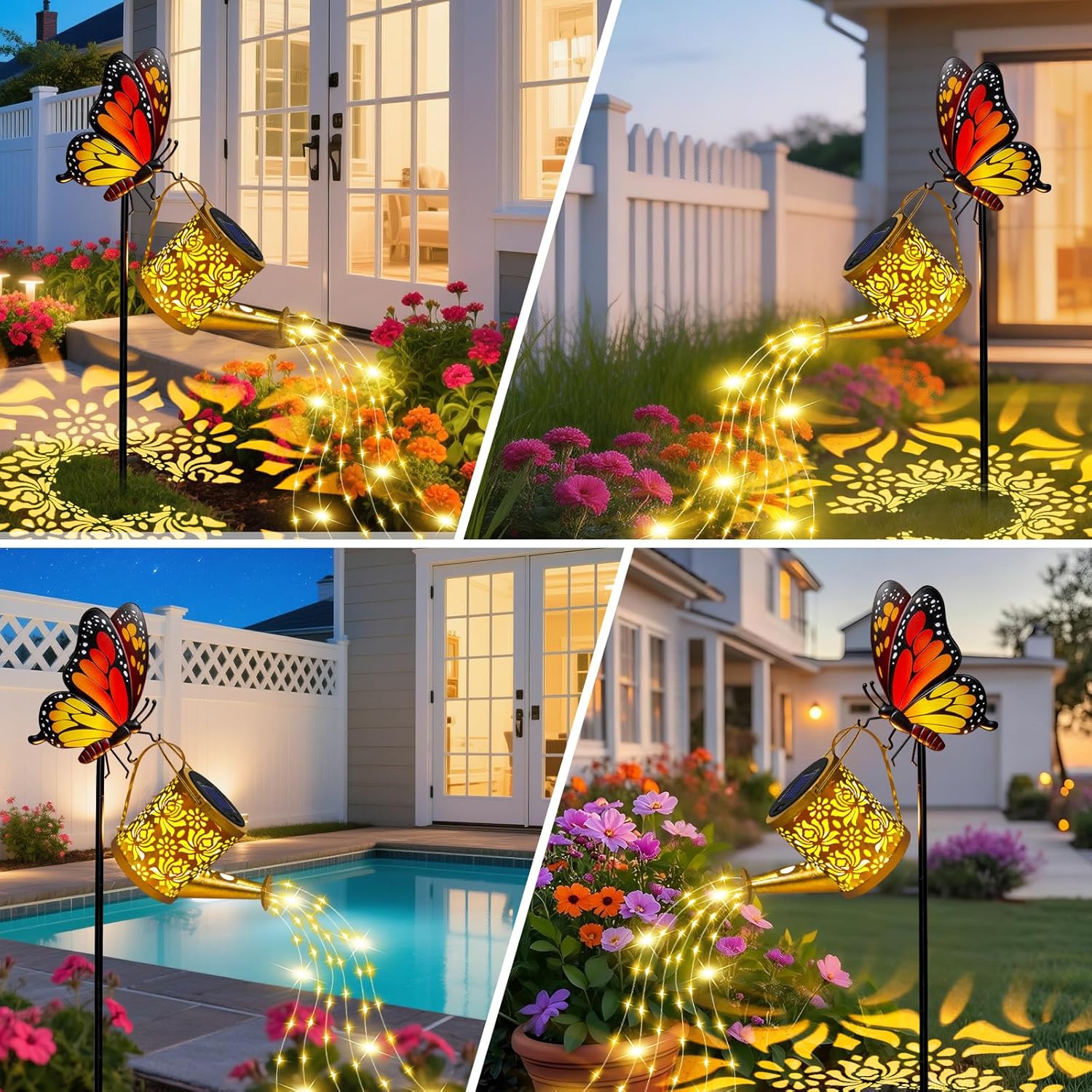 Solar Lights Garden Decor, Waterproof Solar Watering Can with Butterfly Garden Stakes, Outdoor Light with Cascading Lights for Outside Patio Lawn Porch, Birthday Gift for Women