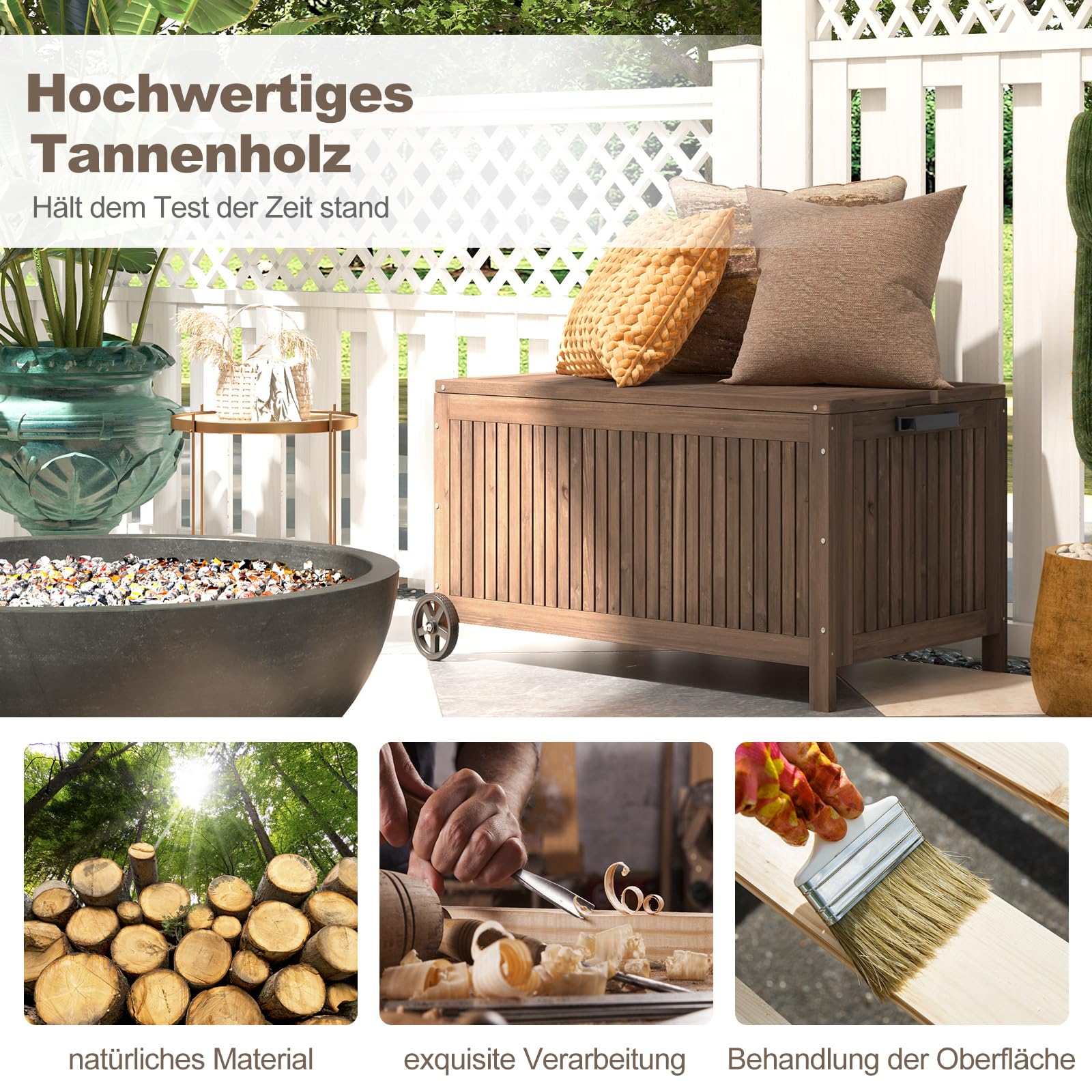 COSTWAY Gartenbox Holz 213 L, Aufbewahrungsbox mit Rädern, Kissenbox mit wasserdichter PE-Auskleidung, Auflagenbox mit Deckel & Griff, für Garten Terrasse, 114 x 58,5 x 51 cm, Braun