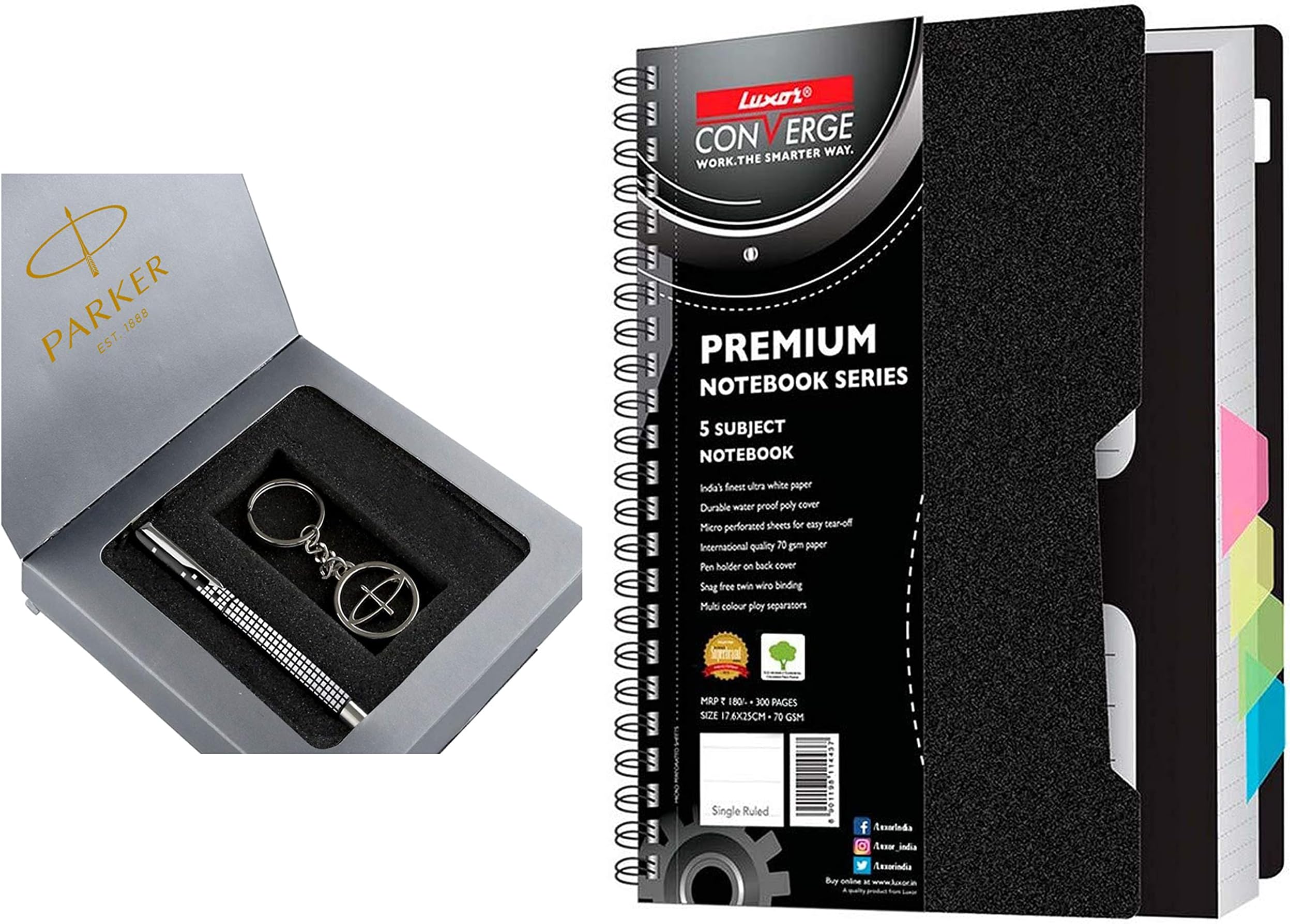 Parker Vector Roller Ball Pen With Free Key Chain & Luxor 5 Subject Single Ruled Notebook - B5, 70 Gsm, 300 Pages, Ink blue