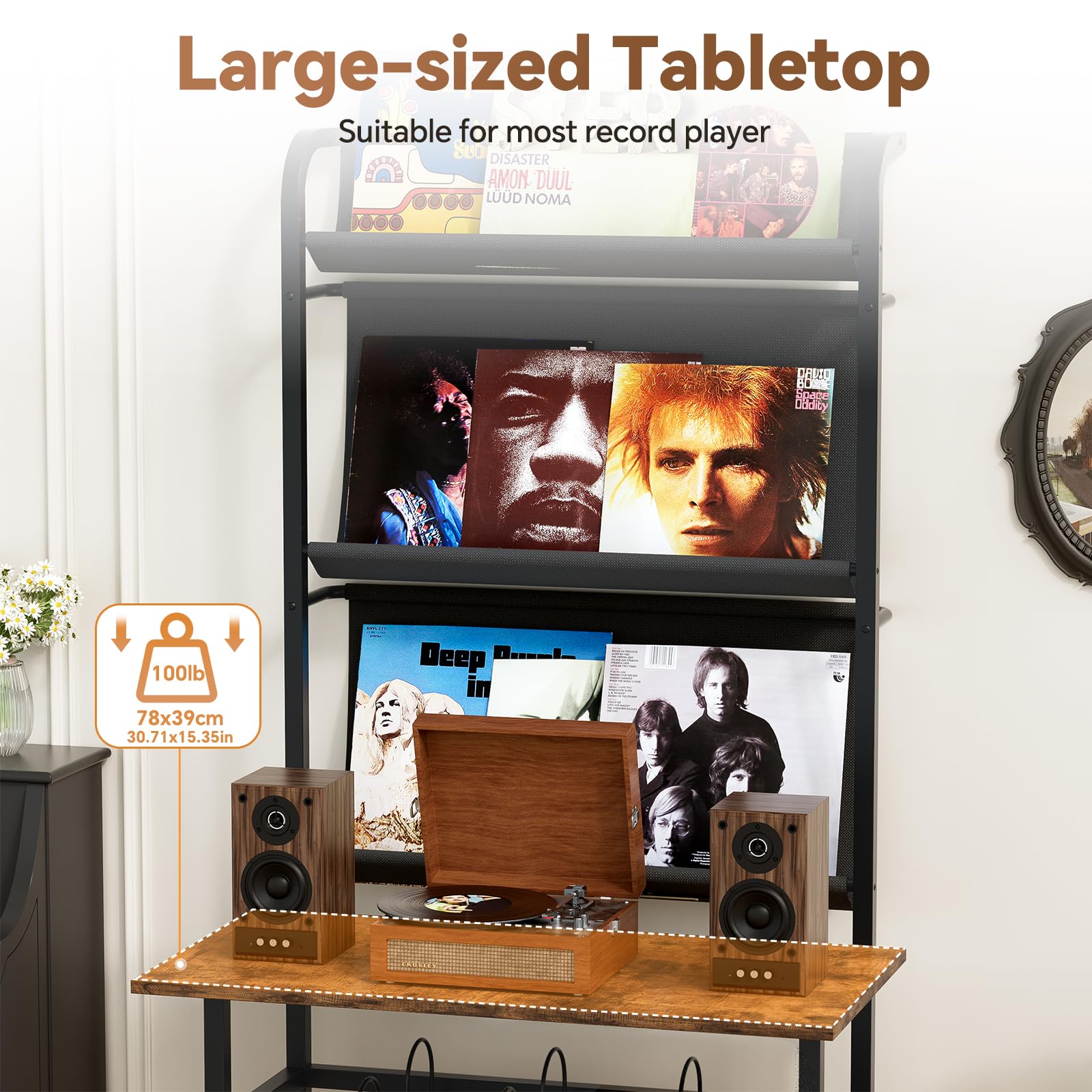 MSFE 6 Piani Porta Giradischi Vinili, Giradischi Vinili Stand con Archiviazione Record in Vinile a 3 livelli, Espandi il tuo Desktop, Porta Dischi Vinile, 78 x 169 x 38 cm