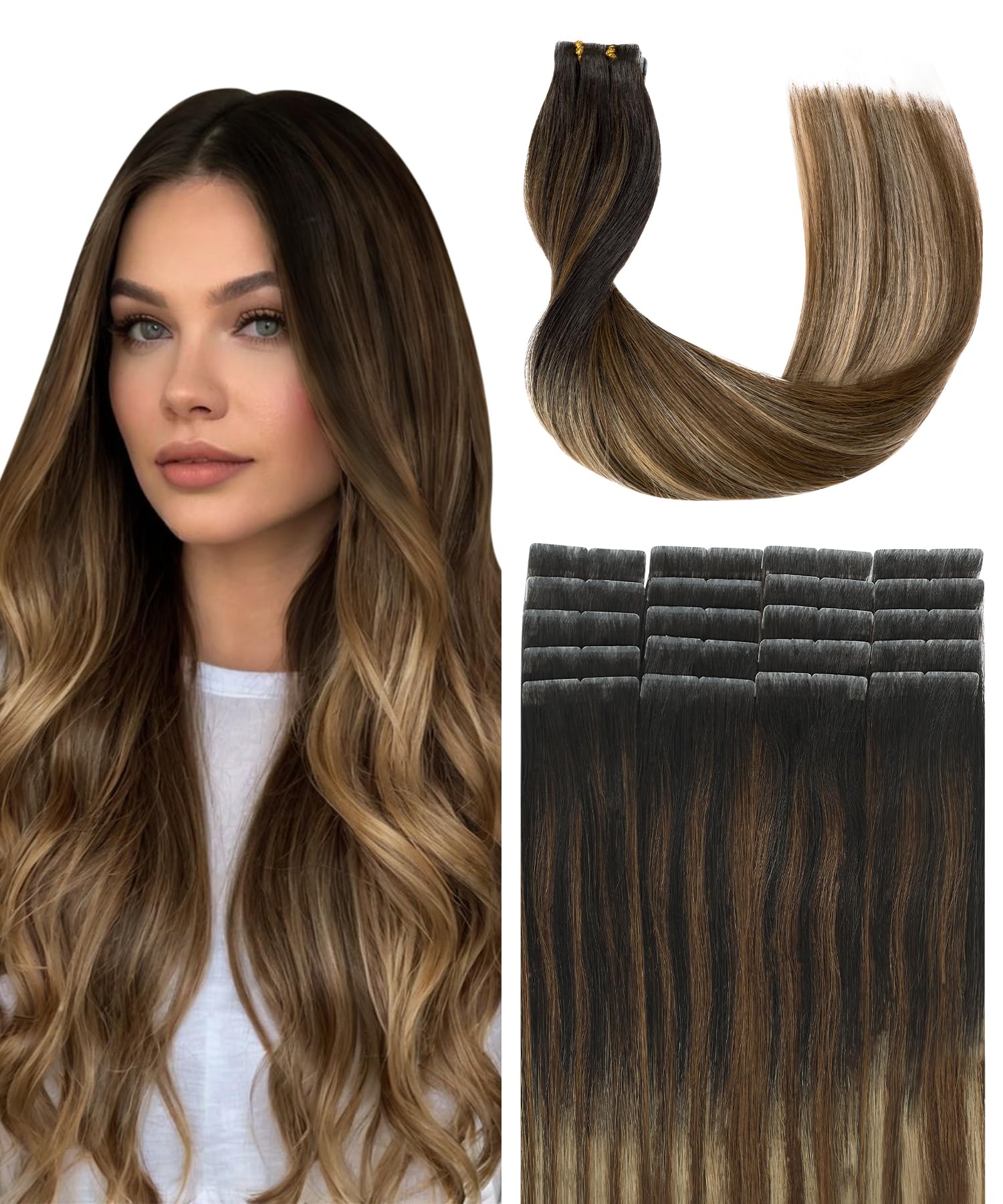 SURNEL Injected Tape in Hair Extensions 20 Inch Natural Black to Medium Brown and Bleach Blonde Natural Real Hair Extension Upgraded Seamless Remy Invisible Skin Weft Straight 20 Pcs 45g(#1B427-20)