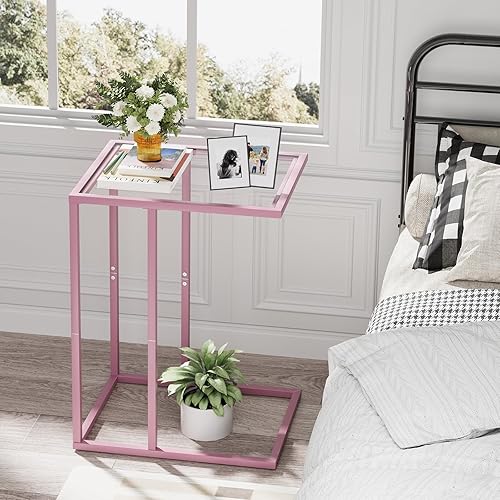 Miniatura 6 de Mesa auxiliar en forma de C, mesas auxiliares para sala de estar, mesa de sofá de cristal con marco de metal, bandeja de TV pequeña, mesa de comedor