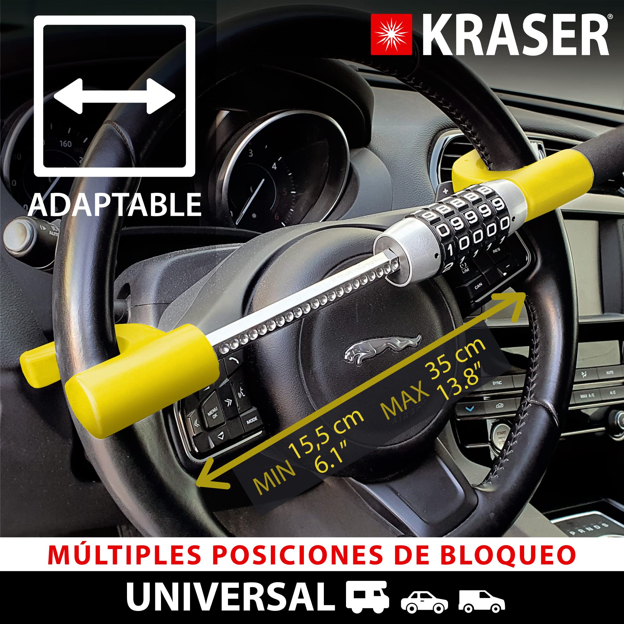 KRASER KR940B Antirrobo Coche Volante, Código Combinación, Reforzado Alta Seguridad, Visible Disuasorio, Doble Cierre Ajustable, Martillo Emergencia, Barra Universal Auto SUV Furgoneta Camión Caravana