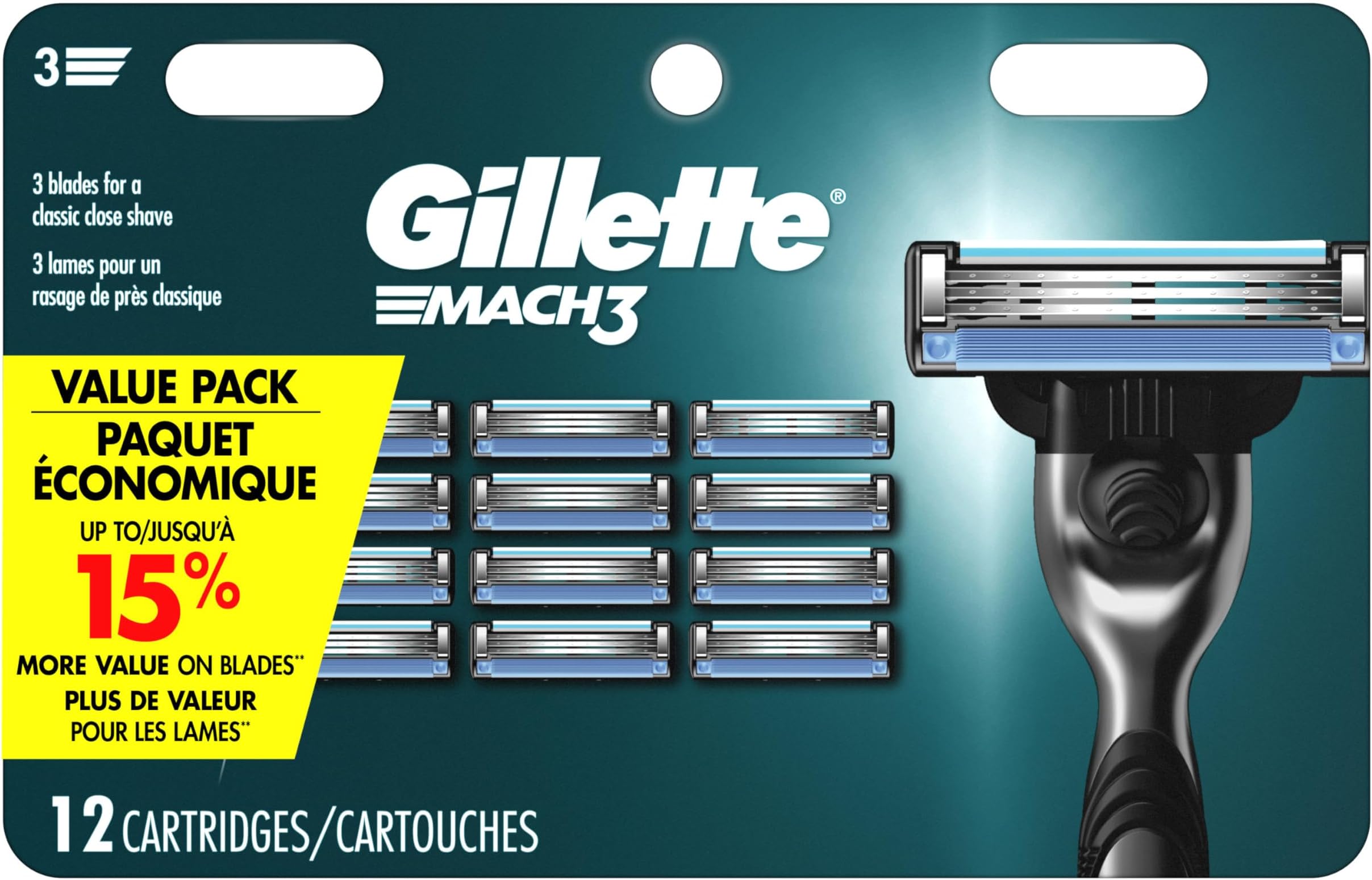 Mach3 Gillette Men's Razor Blade Refills, 12 Refills