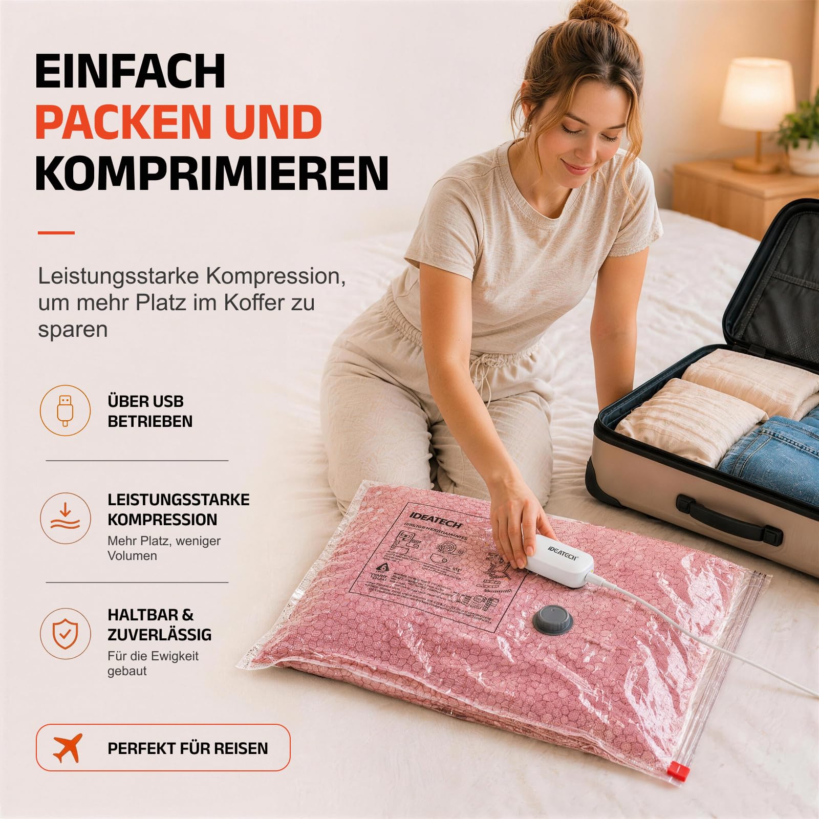 IDEATECH Vakuumbeutel 15 Stück (5S 50x40cm + 5M 60x40cm + 5L 60x50cm) mit Elektrische USB-Pumpe Kompressionsbeutel Wiederverwendbar Luftdicht für Kleidung Bettdecken