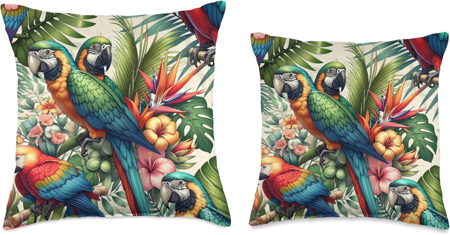 Parrots Tropical Nature Flowers Exotic Birds Floral Parrots Throw Pillow