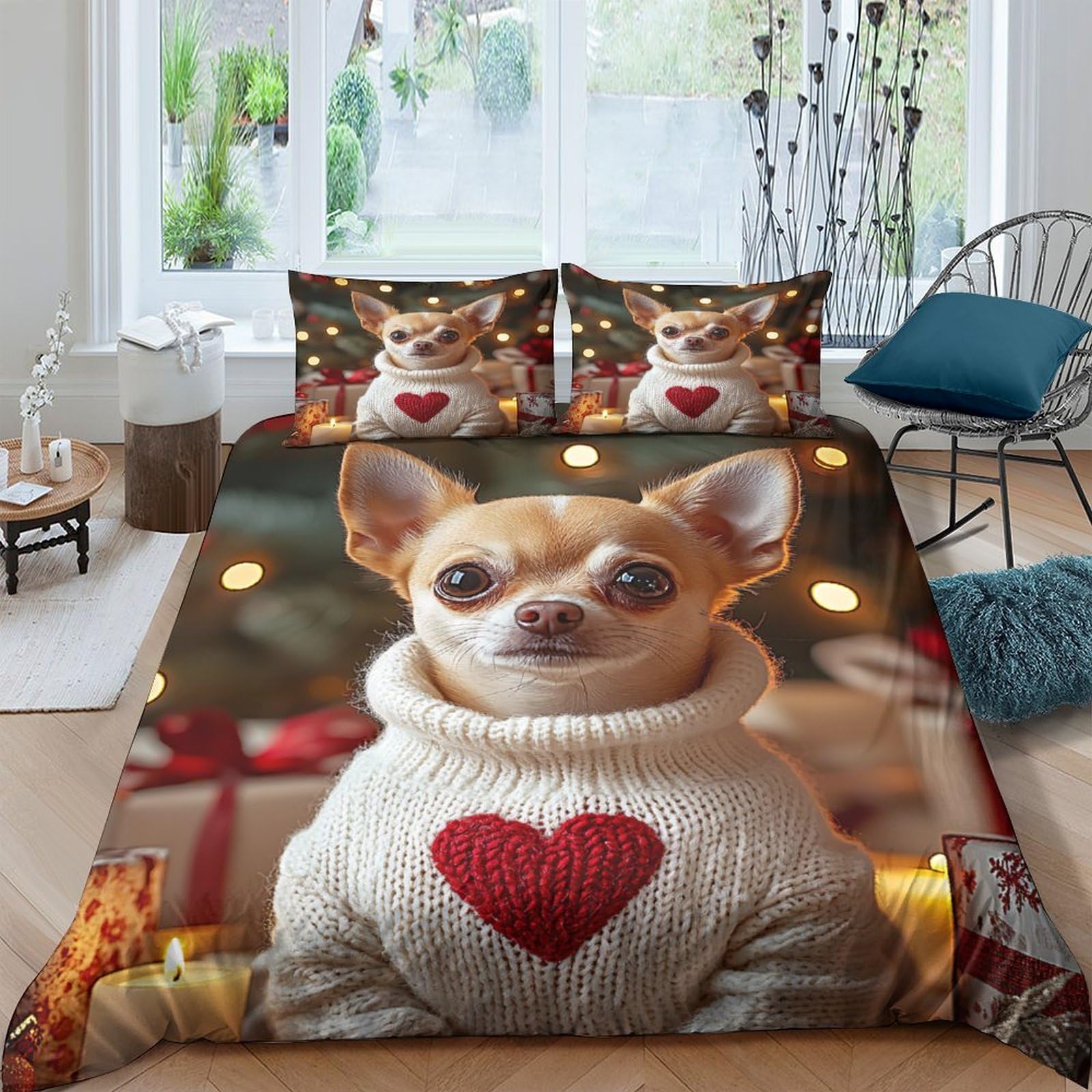 P5V6M1Q9 3D Printed Chihuahua Dog Duvet Cover Set Microfiber Soft for Bedroom Decor Heart Sweater Bedding with 2 Pillowcases Single（135x200cm）