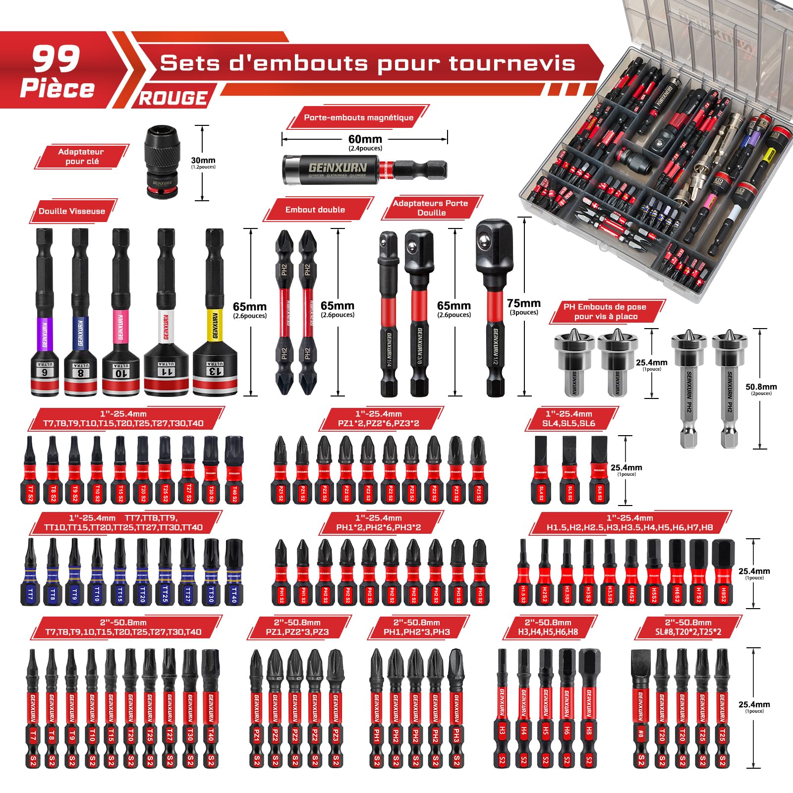 Geinxurn Lot de 99 Embouts de Vissage (Torx, Cruciforme, PZ, Hex, SL), en Acier S2 Magnétique, avec Porte-embout, Adaptateur, Clé à Douille, Embout PH2 avec butée de profondeur avec Boîte de Gris
