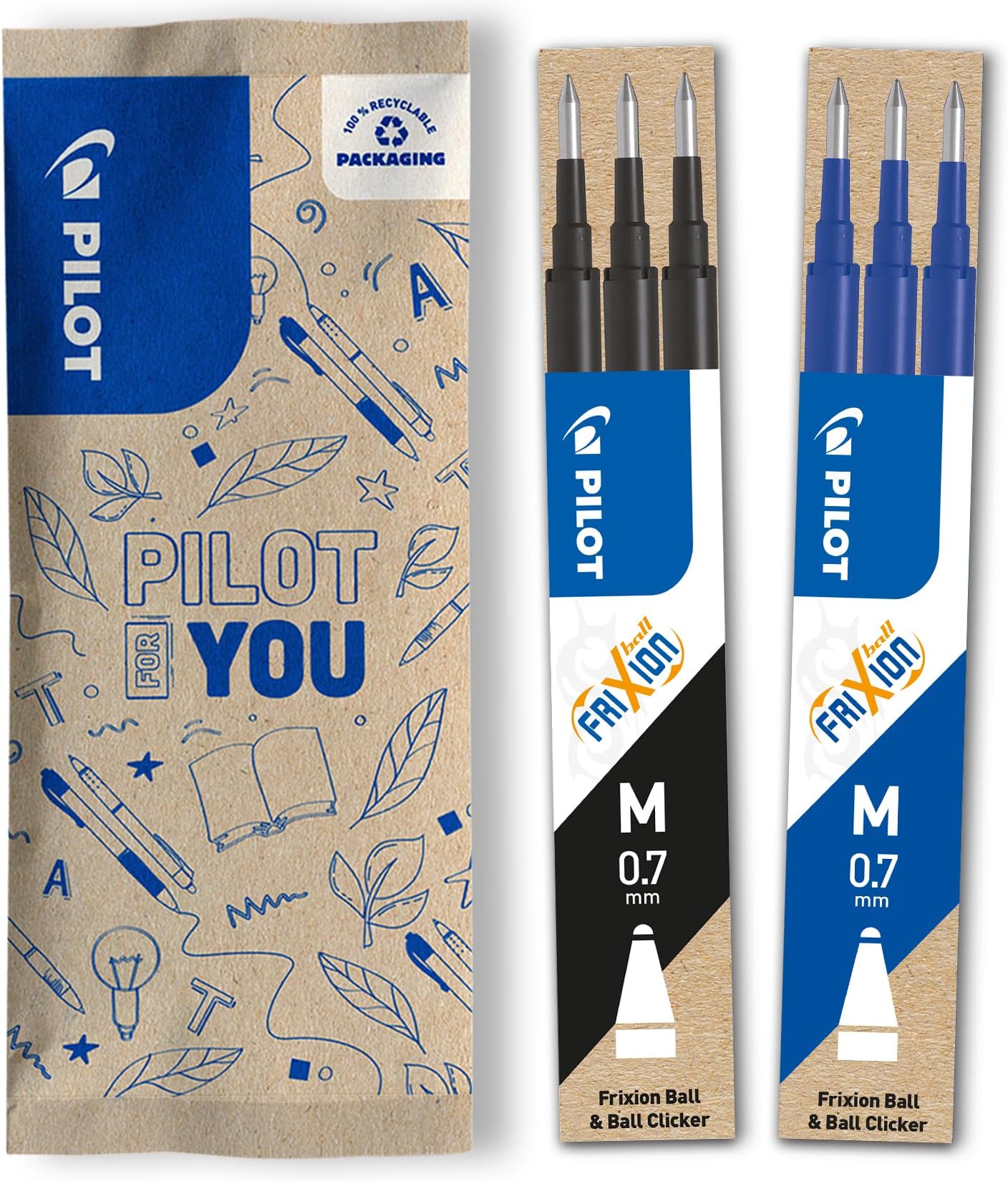 Pack of 2 sets of 3 Refills 0,7 - Erasable ink for Frixion - Medium - Assorted Colors, 1 Black, 1 Blue