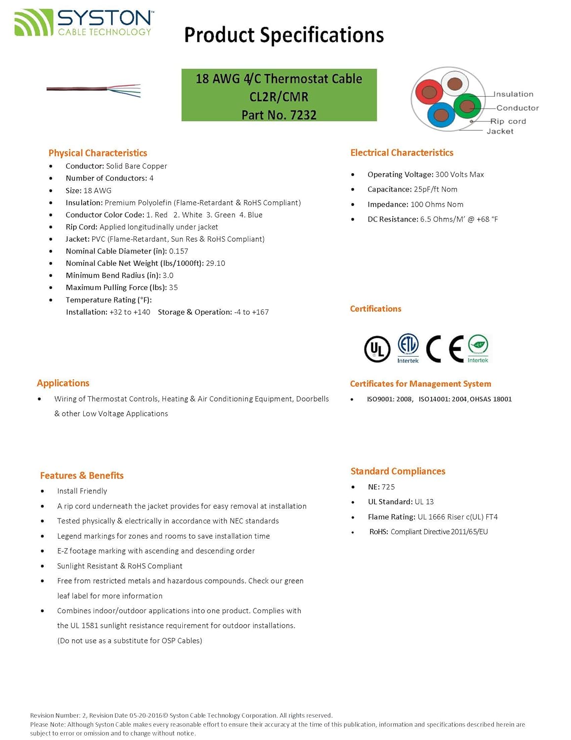 Syston 18/4 Thermostat Doorbell HVAC Heating Control Cable Wire, 100% Solid Copper Conductors CL3R/FT4/CMR Riser-Rated UL/ETL Listed, UV Resistant RoHS for Indoor/Outdoor Low Voltage Applications Use