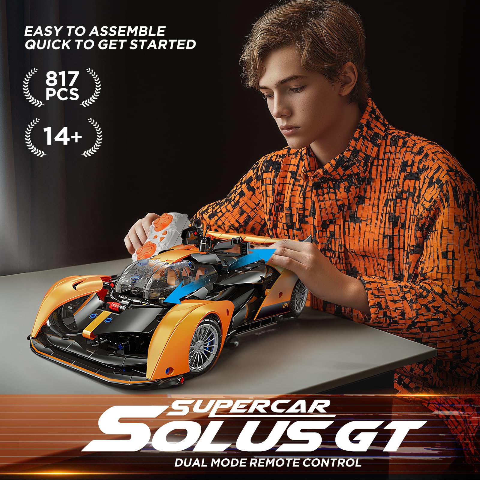 Auto de construcción a control remoto, juguete de construcción Solus GT 1:14, compatible con Technic Car, regalos coleccionables para niños de 10 a 16 años y adultos (817 piezas) 5