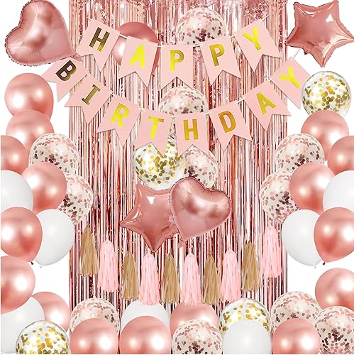 Amandir - Kit de decoración de fiesta de cumpleaños de color oro rosa, confeti, Foil, globos oro rosa, cartel de Happy Birthday, borlas, cortinas de