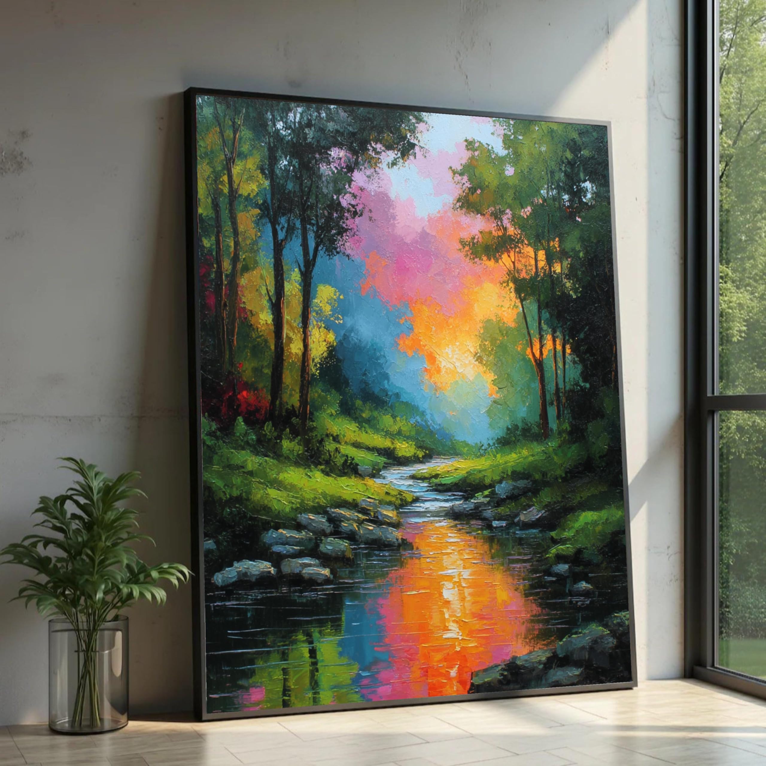 XINBAO Sunset Forest Stream Canvas Print, Colorful Landscape Wall Art, Large Canvas Wall Art,for Home Decor sized Piece Painting(70x100cm/Frameless)
