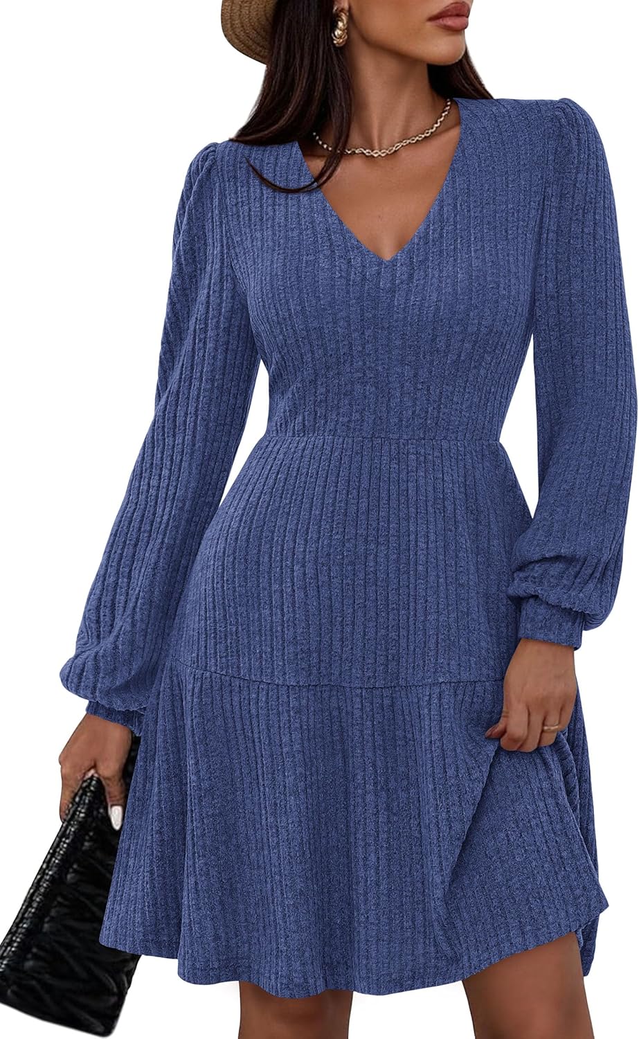 PRETTYGARDEN Womens Sweater Dress 2025 Fall Long Sleeve V Neck A Line Fit and Flare Ribbed Short Dresses Knit Outfits Pockets