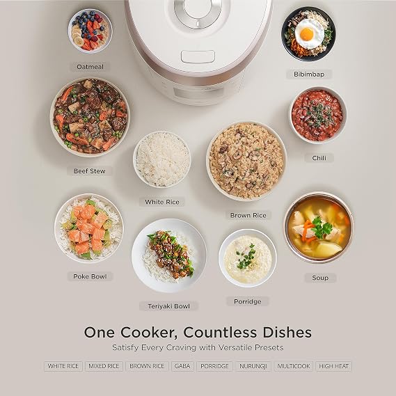 CUCKOO High Pressure Rice Cooker 10-Cup Uncooked / 20-Cup Cooked with Nonstick Inner Pot, Large Rice Maker with 13 Menu Options and Steam Plate, Fuzzy Logic Tech, Voice Guide, White (CRP-P1009SW)
