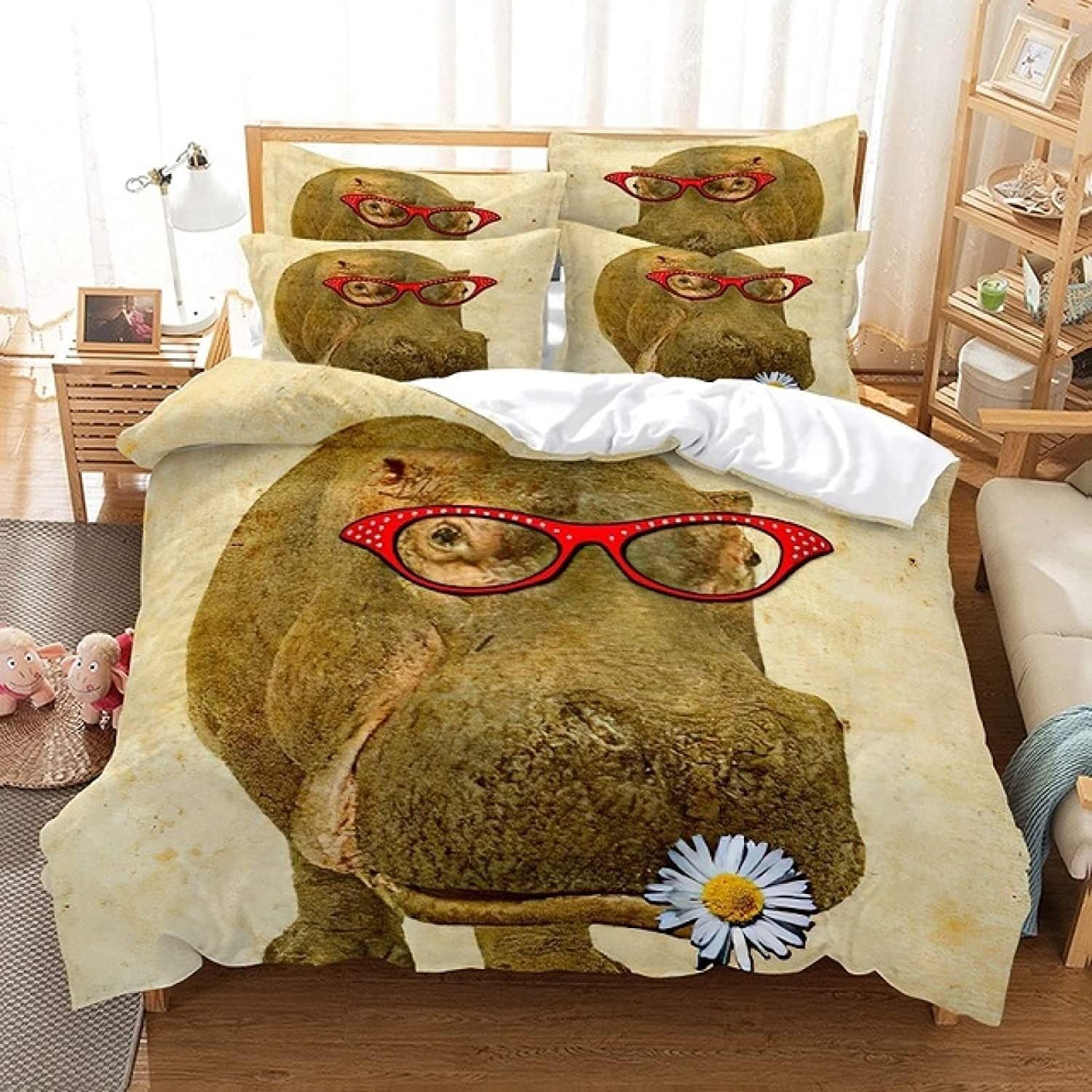 LMMSMGS King Size Duvet Cover Sets Hippopotamus Duvet Cover King Size 94.5"x 86.6" with 2 Pillowcases 19.7"x 29.5" Bedding Sets Ultra Soft Warm Fluffy With Zipper Closure for Aldults Kids