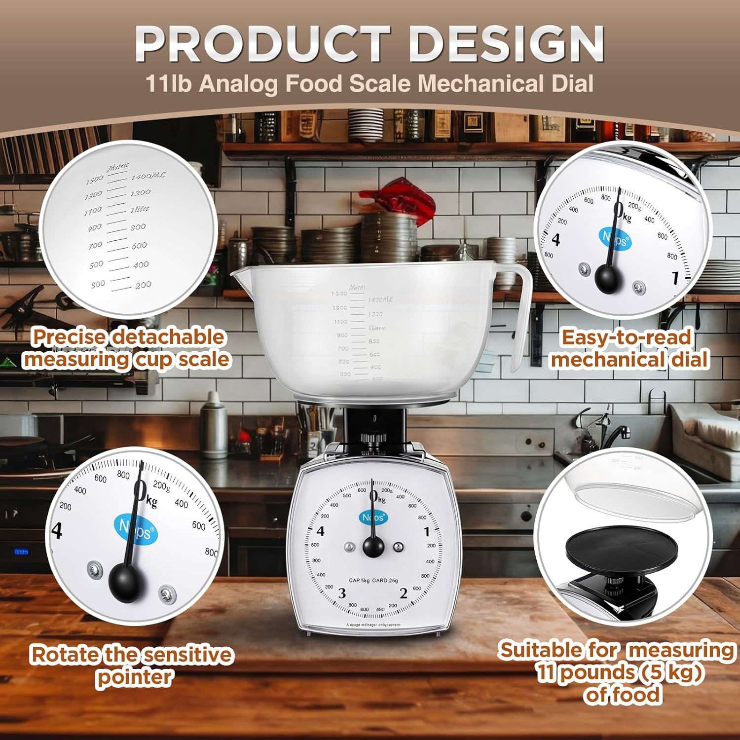 Sabary 2 Pcs 11lb Analog Food Scale with Removable Measuring Cup Kitchen Mechanical Weighing Dial Scale for Novice and Experienced Cooks Cooking, Baking, Food Preparation