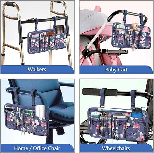 Miniatura 14 de FINPAC Bolsa de almacenamiento lateral para silla de ruedas con soporte para tazas, bolsa de accesorios para reposabrazos de silla de ruedas