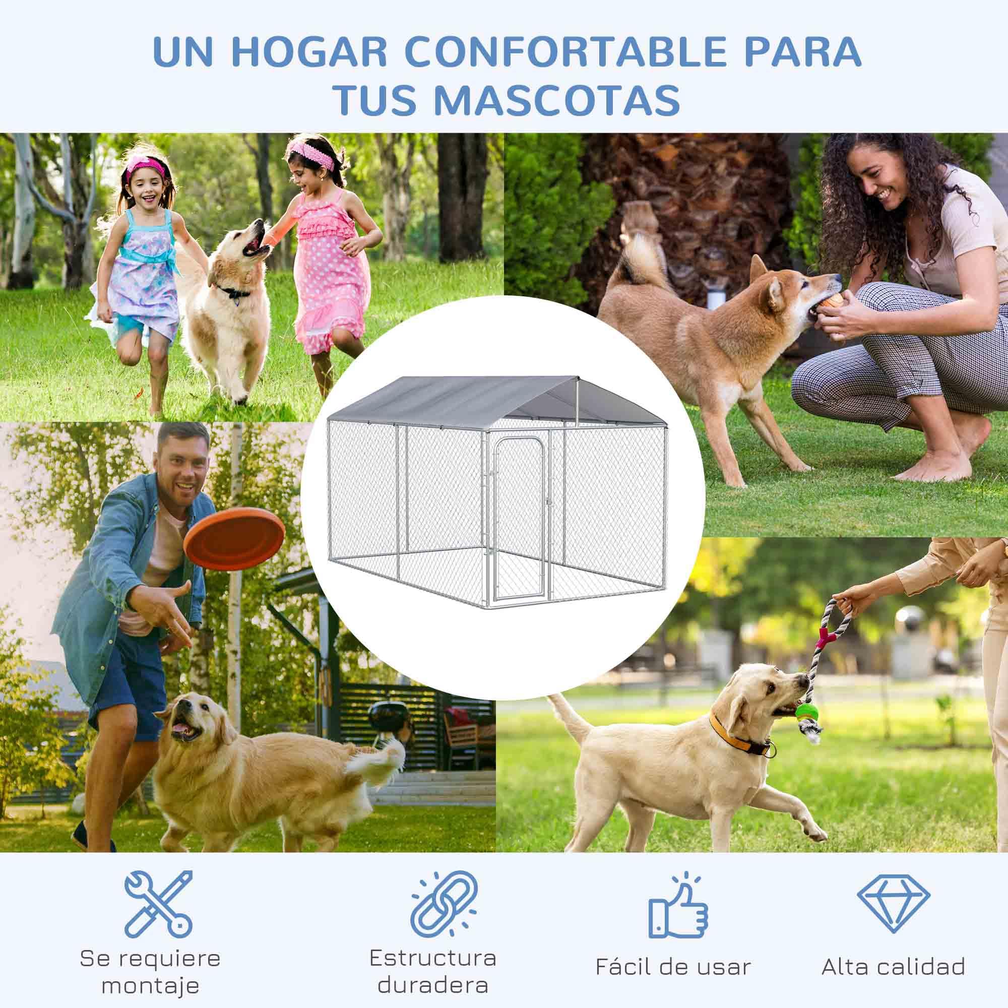 PawHut Perrera de Exterior con Toldo Anti-UV Impermeable Parque para Perros con Puerta con Pestillo y Marco de Metal Galvanizado para Patio Jardín Terraza 4x2,3x2,3 m Plata
