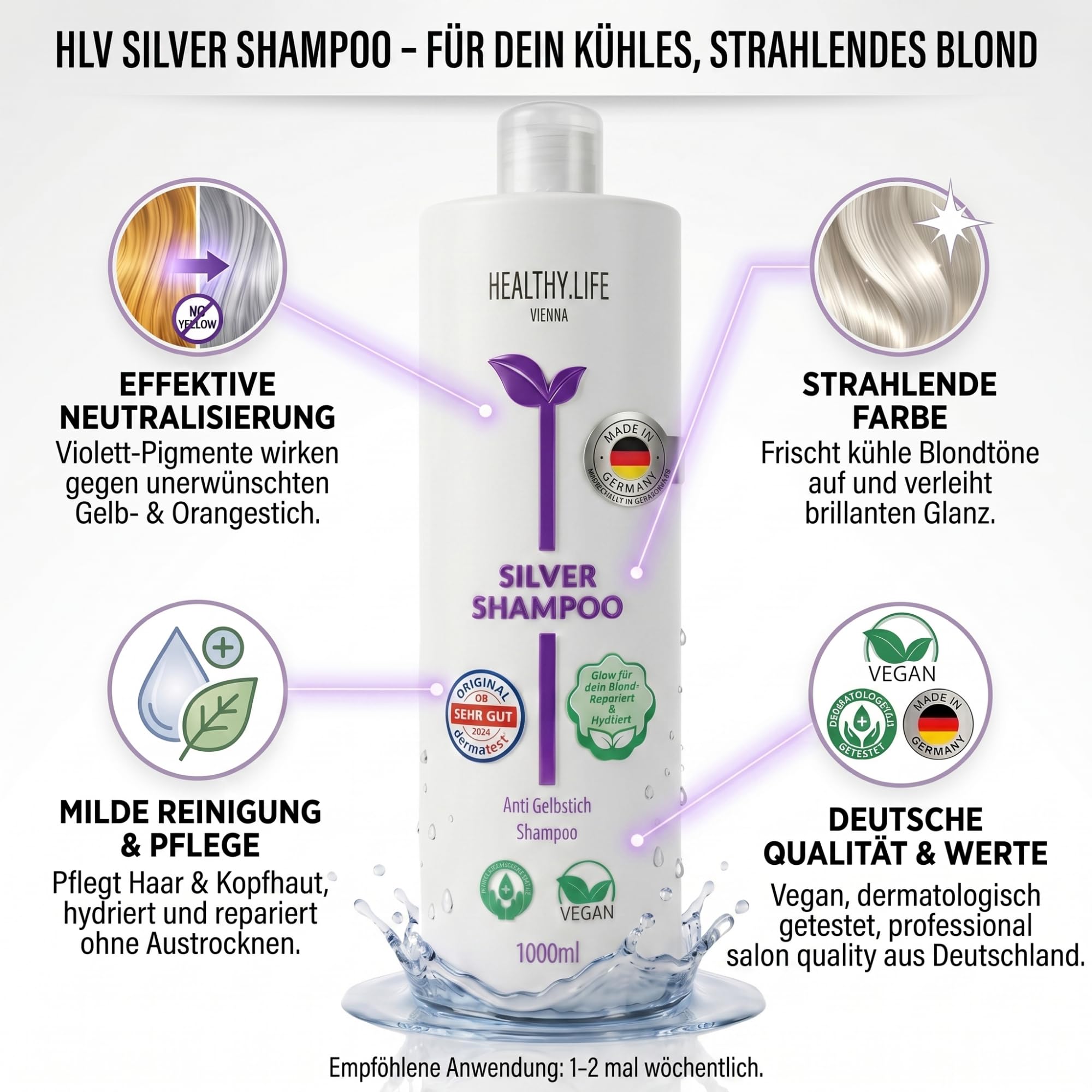 HLV - Silver Shampoo – VEGAN, mit Ultraviolettem Farbstoff Gegen Gelb & Graustich | Für Blondes, Weißes & Graues Haar | Mildes Anti-Yellow Shampoo, Wirkt Ohne das Haar zu Beschädigen, 1000 ml
