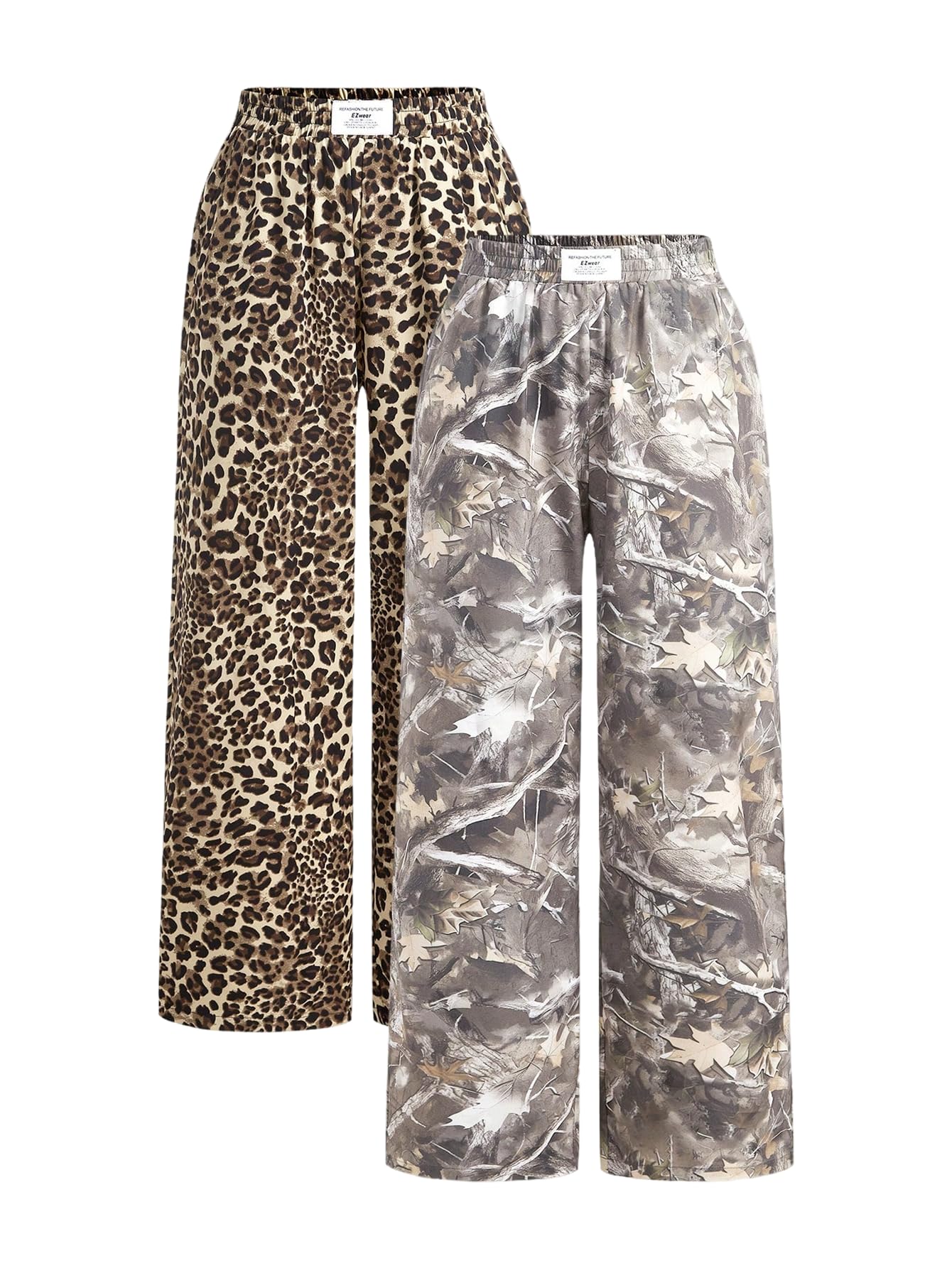 Floerns Womens 2 Piece Elastic Waist Long Pants Leopard Plant Print Straight Leg Trousers