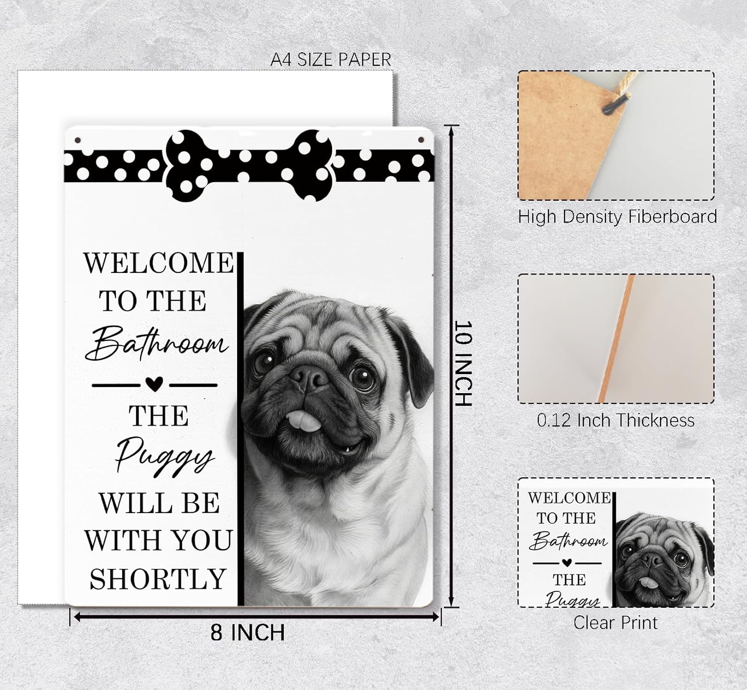 Funny Pug Bathroom Signs, Pug Gifts for Women, Cute Pugs Dogs Wooden Signs for Home Decor, Funny Pugs Hanging Sign for Bathroom Wall Decor, 8x10 Inch - Image 2