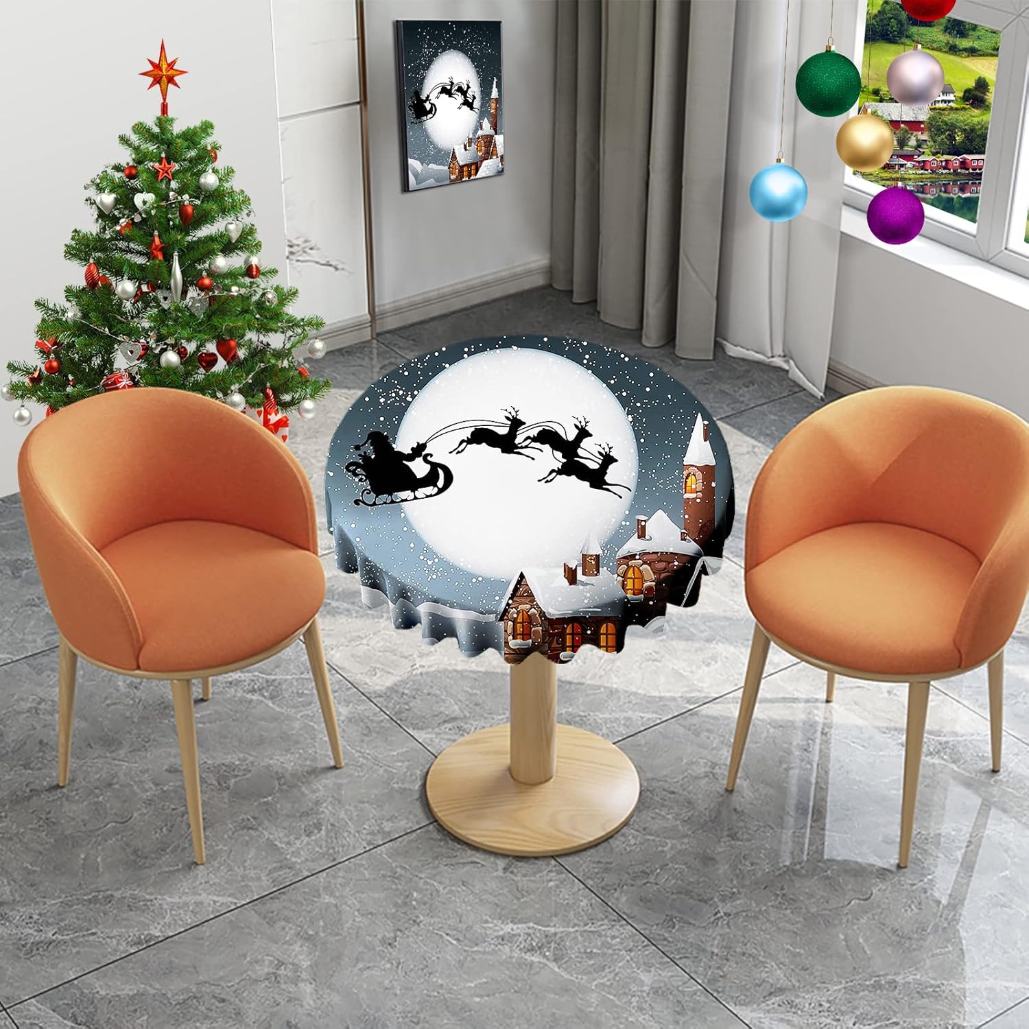 VVA Small Round Christmas Tablecloth Santa Claus Sleigh Snow Christmas