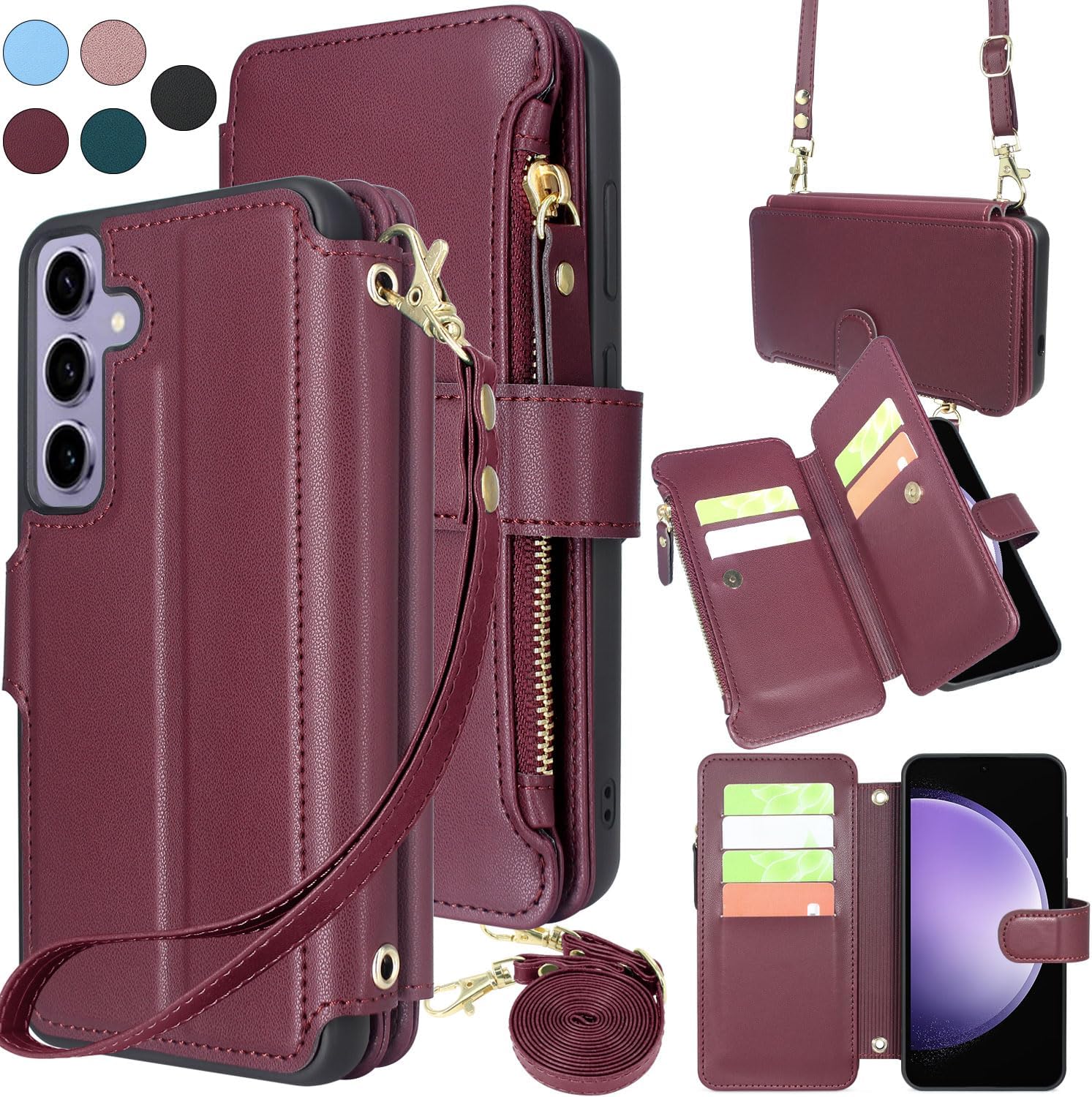 Harryshell Crossbody for Samsung Galaxy S23 FE 5G Case Wallet [8 Card Slots] with [Theft-Scan Blocking],Cash Coin Zipper Pocket Long Shoulder & Wrist Strap for S23Fe (Wine Red)
