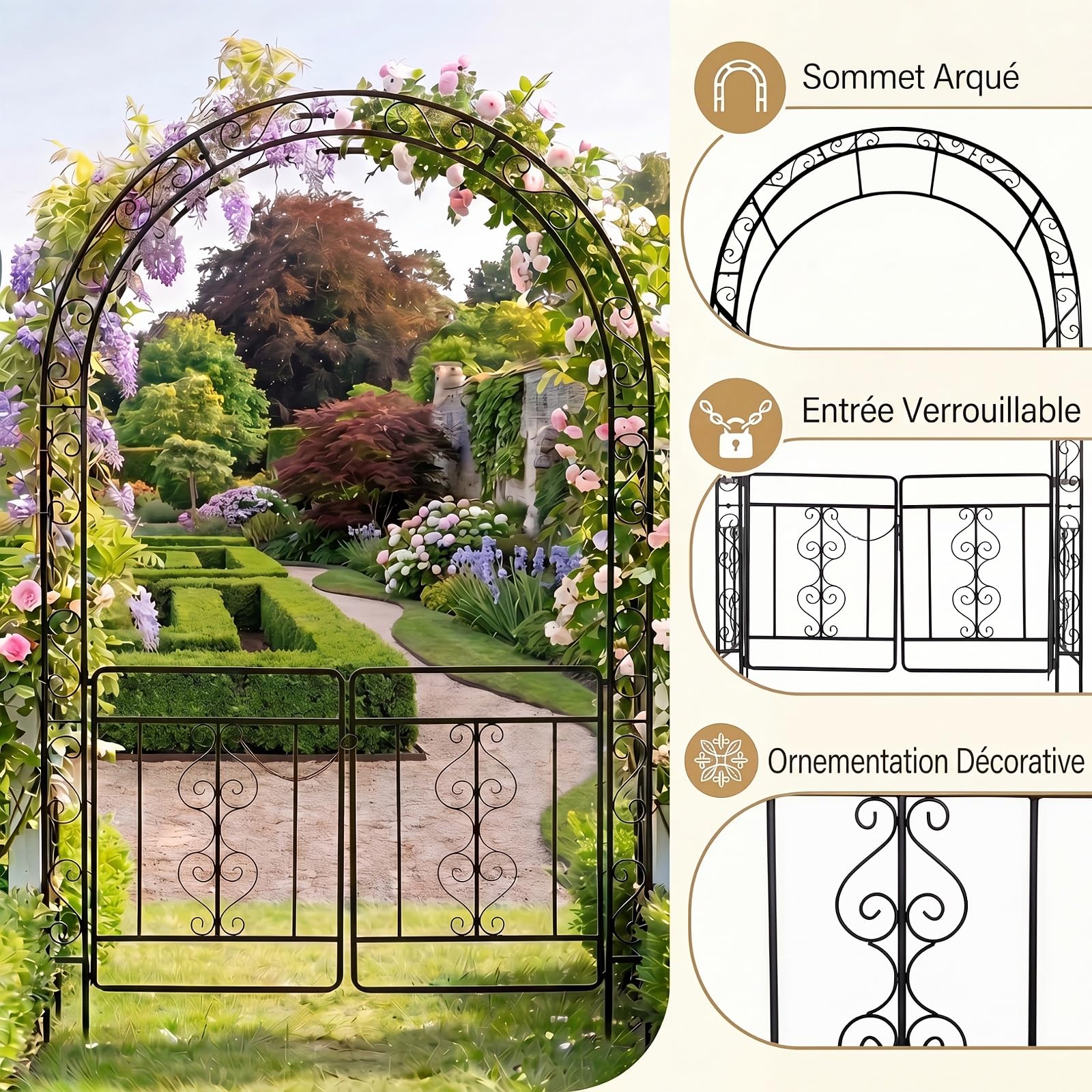 GYMAX Arche de Jardin Extérieure en Métal, Support pour Plantes Grimpantes | Double Portillon Verrouillable, pour Rosiers et Vignes, Décoration pour Pelouse Allée Mariage Fête, 135 x 60 x 213 cm