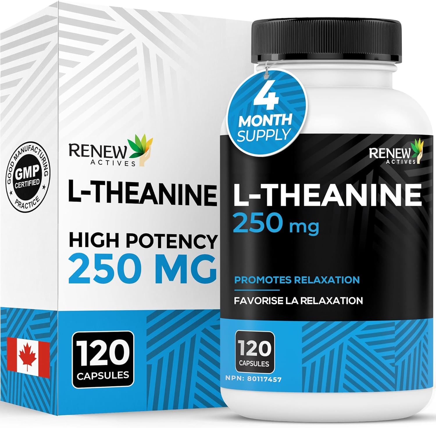 RENEW ACTIVES L-Theanine Supplements 250mg Per Serving - Promotes Relaxation, Mental Clarity, & Focus - Non-GMO, Vegan, Gluten-Free - Made in Canada - 120 Easy-to-Swallow Capsules