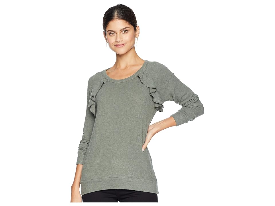 

Chaser Love Knit Long Sleeve Ruffle Open Back Raglan Pullover (Safari) Women's Long Sleeve Pullover