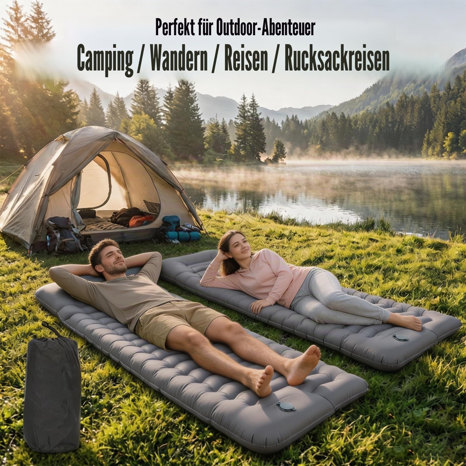 2 Stück Isomatte Camping mit Fußpumpe, 15CM Ultradicke Camping | Luftmatratze , kompakt und leicht für Wandern, Trekking, Outdoor und Strand, Grau