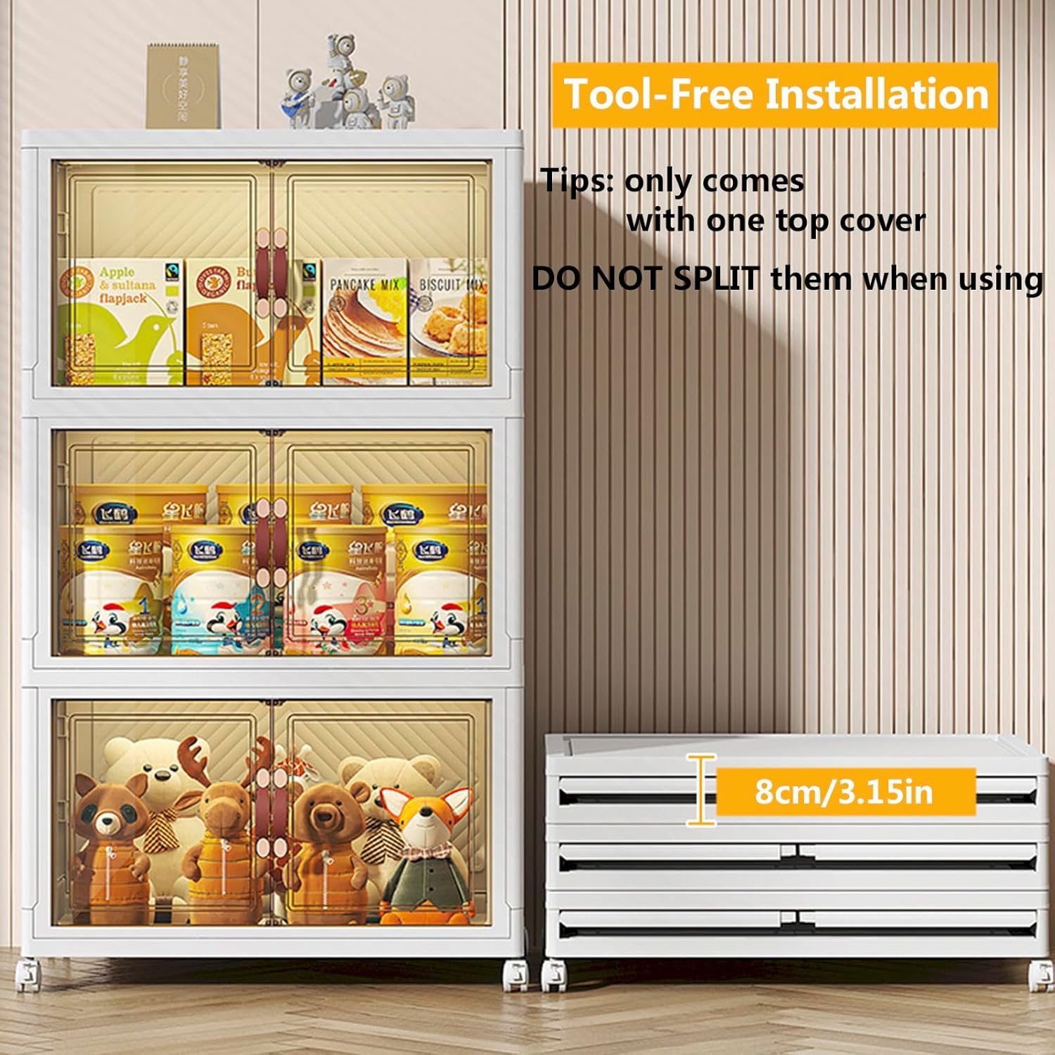 Collapsible Plastic Storage Bins with Lid, 6.5Gal/25L Closet Organizers and Storage, Stackable Dual Open Storage Containers with Doors and Wheels for Home,Kitchen,Bathroom,Toy Room,3 PACK