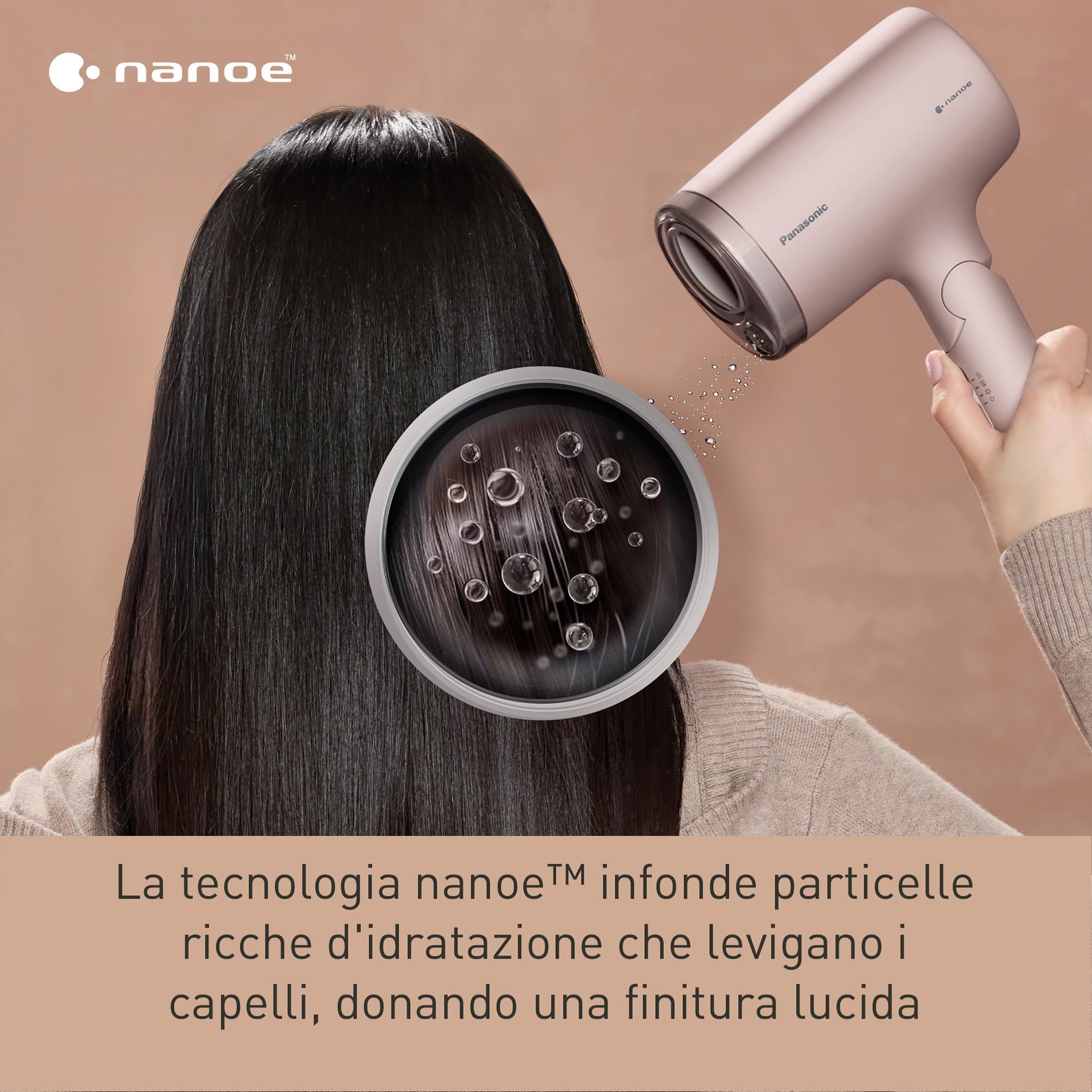 Panasonic EH-NA7M-P825 Asciugacapelli Nanoe per Capelli Lucenti, Pieghevole, Asciugatura Rapida, Beccuccio Concentratore, 1600W, Rosa Chiaro
