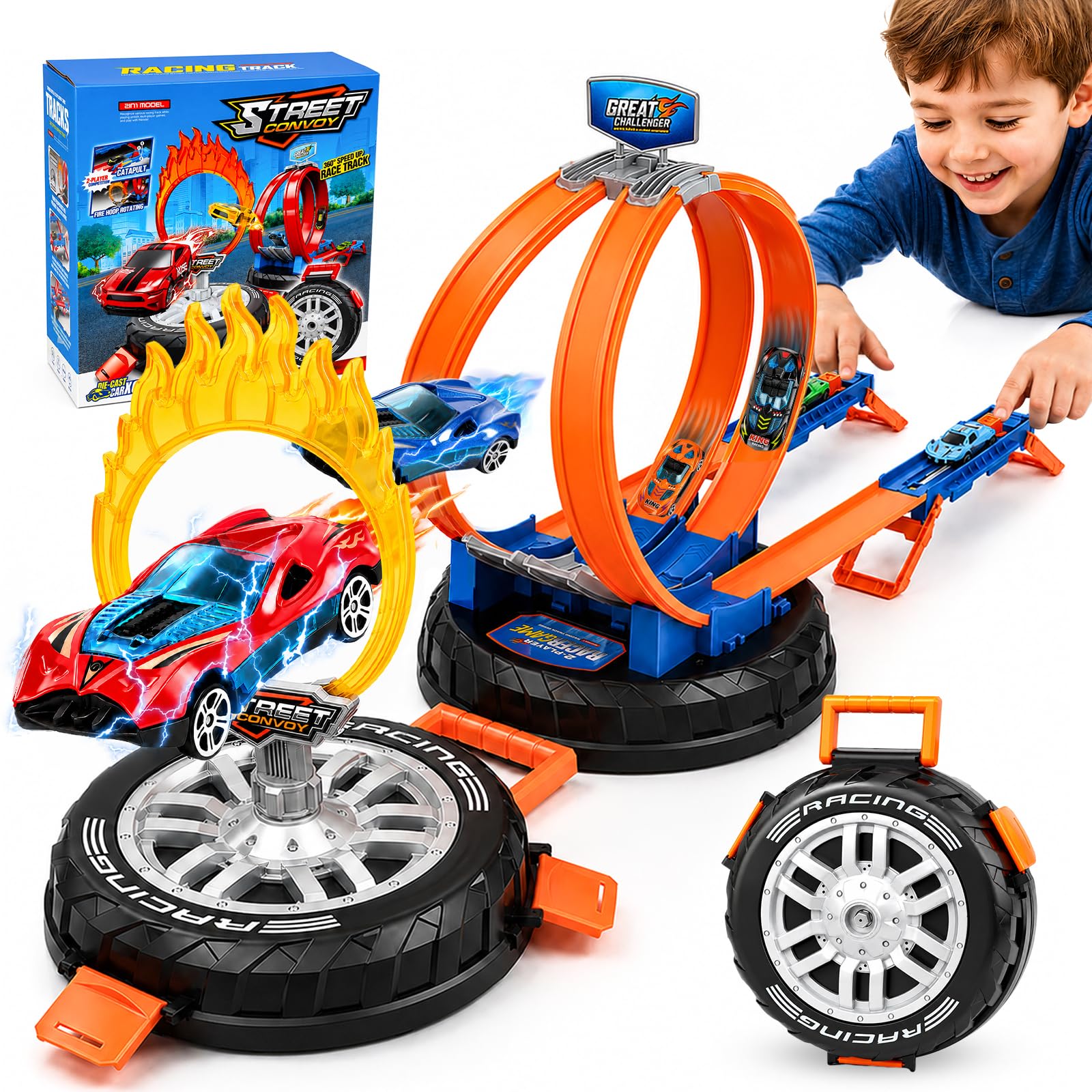 Toy Car Race Track Set for Kids, 6 Cars Dual Launchers 360° Loops, Orange