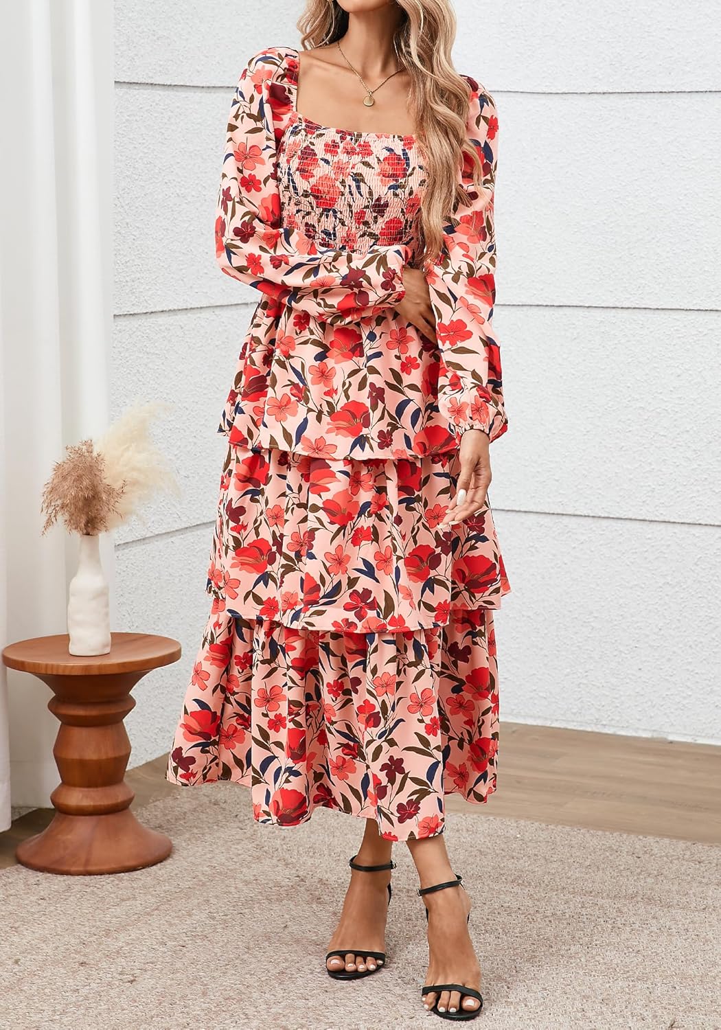 BTFBM Spring Dresses for Women 2026 Floral Long Sleeve Smocked Square Neck Ruffle Tiered Flowy Party Wedding Guest Dress - Image 2