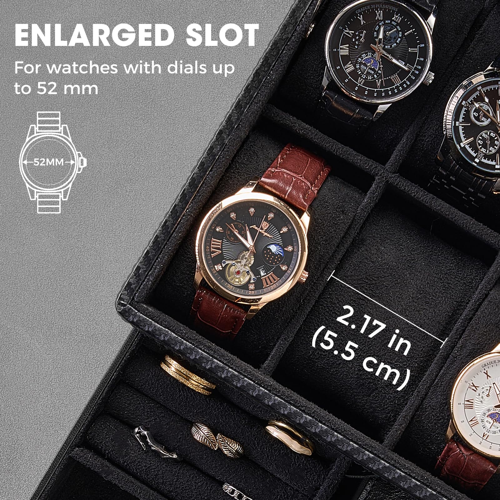ProCase 8 Slot Scatola Orologio per Gli Uomini, Gioielli Organizzatore Scatola con Cassetto, Mostra Custodia con Coperchio di Vetro -Tutto Nero