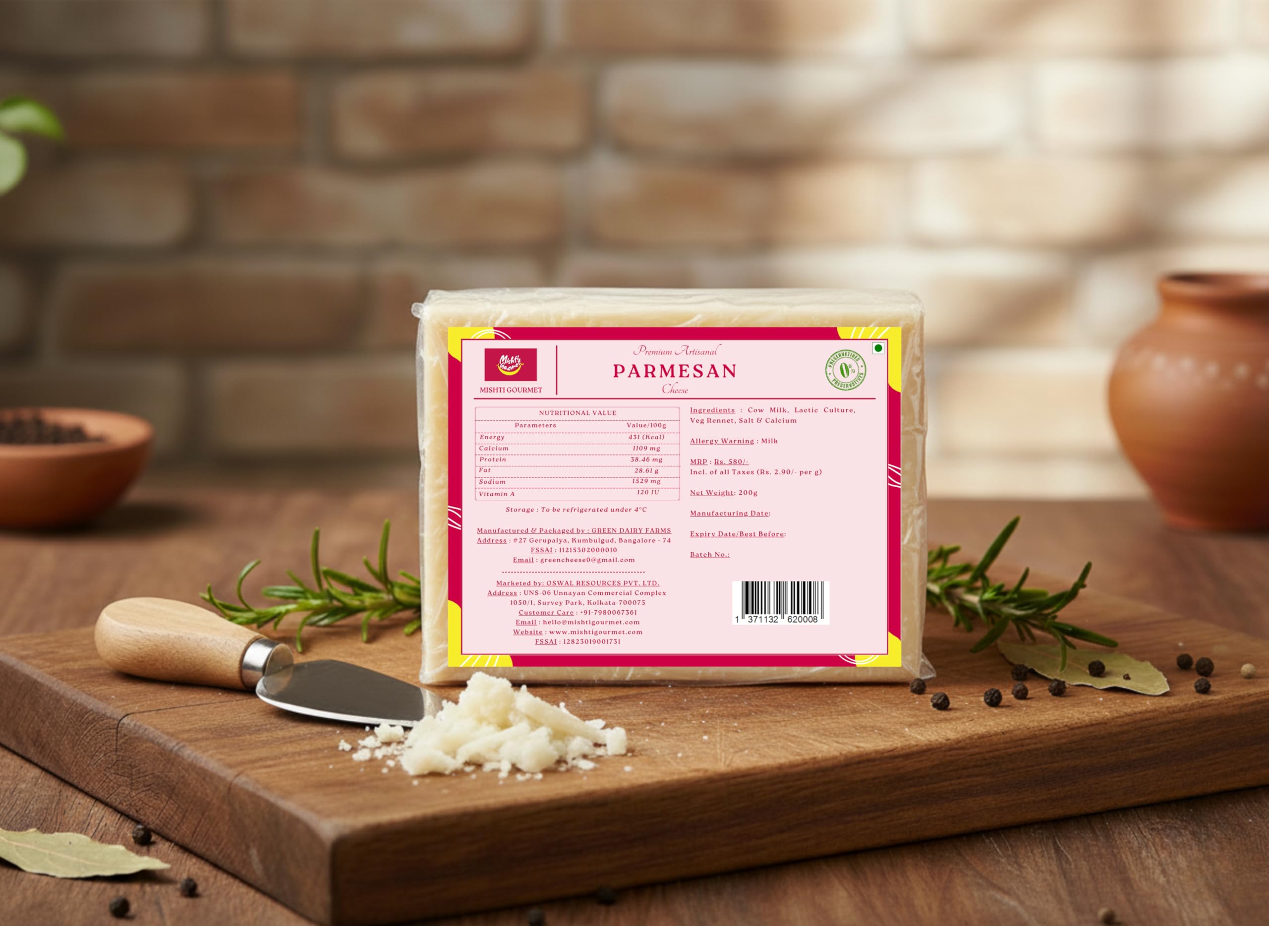 Mishti Gourmet Artisanal Parmesan Cheese - 200 Gm