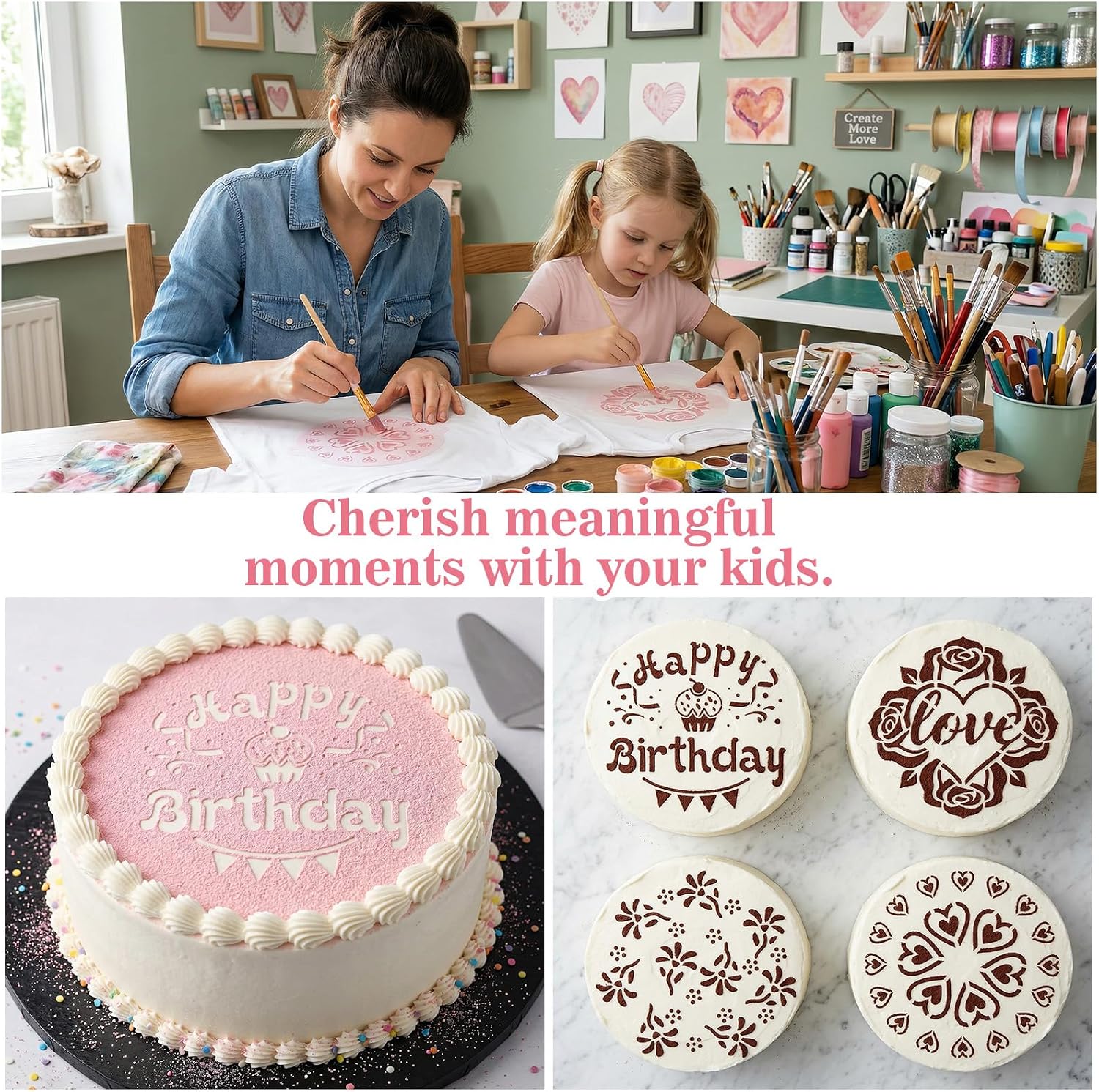 4Pcs Happy Birthday Cake Stencil, Patterns Hearts Floral for Baking