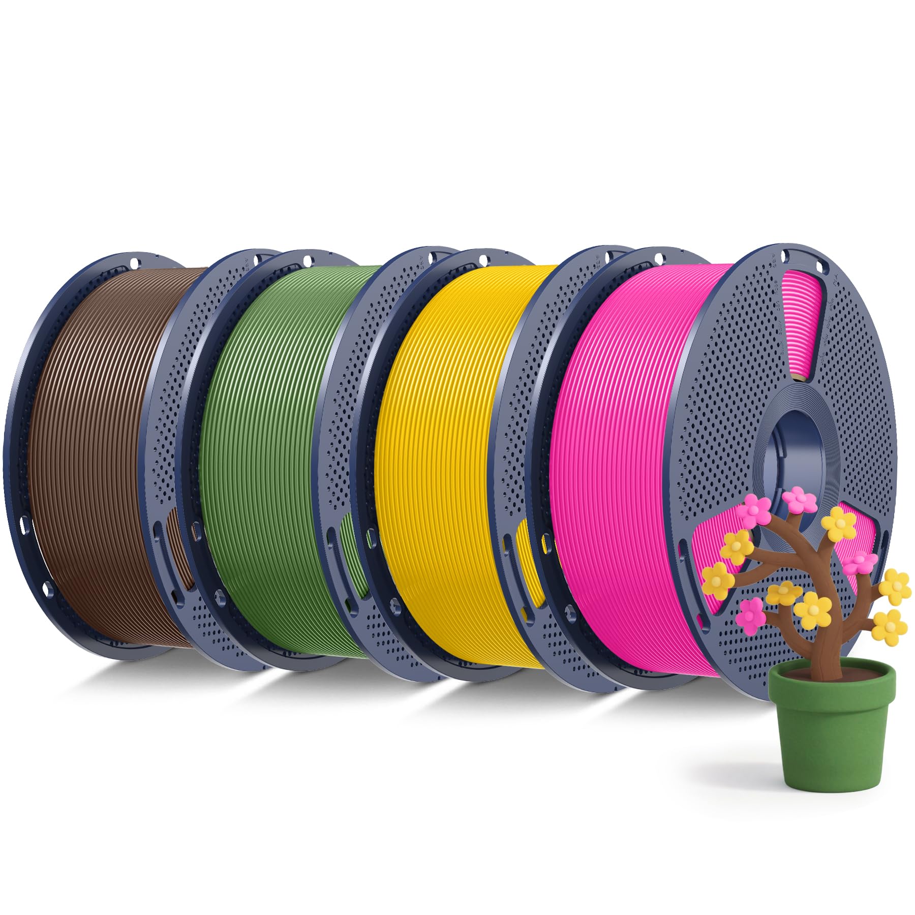 SUNLU Filamento PLA+2.0 da 4 kg da 1,75 mm, in PLA Plus, più forte e robusto, bobina da 1 kg, 4 kg in totale, caffè + verde oliva + magenta + giallo brillante