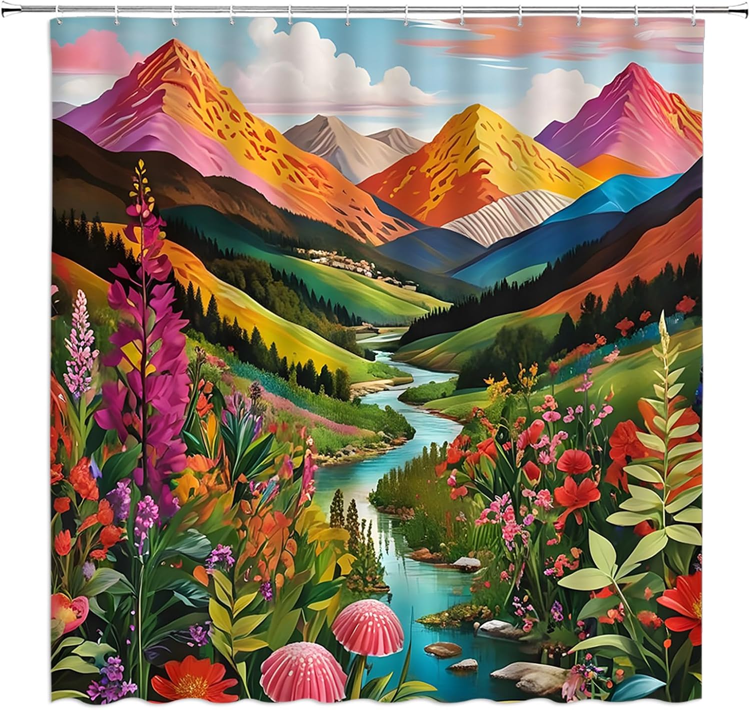 GCTNBJL Abstract Mountain Shower Curtain Nature Watercolor Geometric Mountain Landscape Colorful Forest Floral Rustic Minimalist 180x70(WxH) Inches Bathroom Decor Fabric Curtain with Hooks