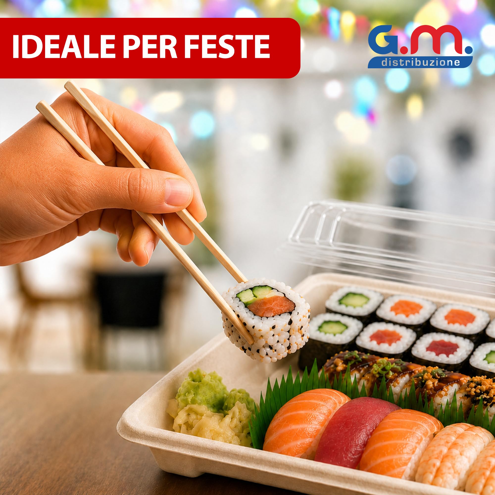 GM 50 Vassoi Sushi in Polpa di Cellulosa 21,5x13,5x2,1 cm con Coperchio PET Trasparente, Contenitori per Sushi, Sashimi, Buffet e Take Away
