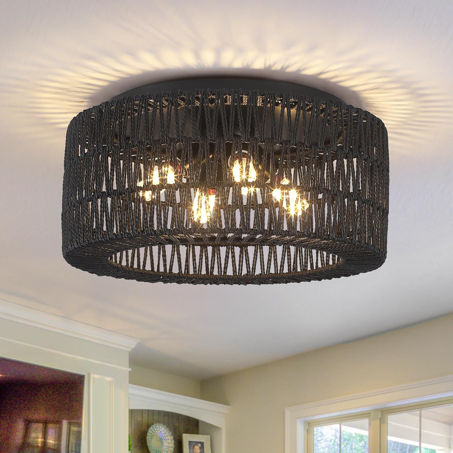 Rattan Light Fixtures Ceiling Mount,4-Lights Boho Flush Mount Ceiling Light with Hand-Woven Shade, 18''Rattan Farmhouse Chandelier for Hallway Bedroom Kitchen Farmhouse Foyer Entryway (Black) Large-Black