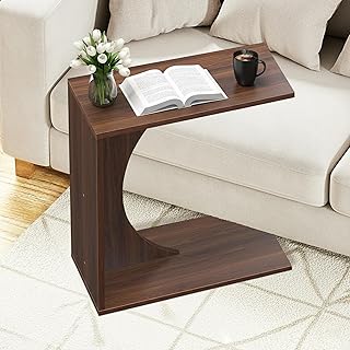 C Shaped End Table,Solid Wood C Table for Couch,Bedroom and Living Room,Space-Saving Small Side Table for Laptop and Narrow Spaces (Walnut)