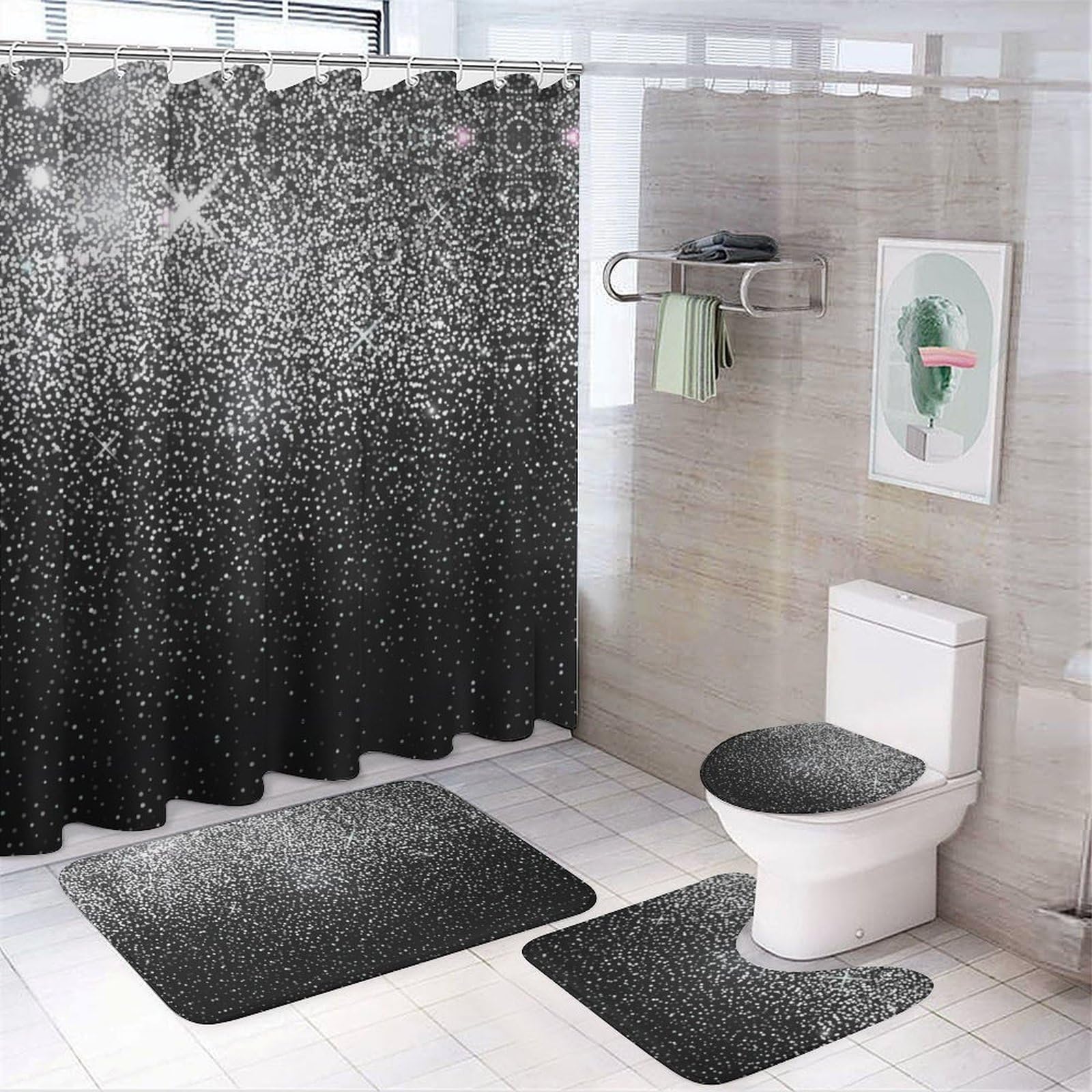 JZemdybill Bathroom Mat Set 4 Piece, Shiny Silver Glitter Shower Curtain with Non-Slip Bath Mats for Bathroom