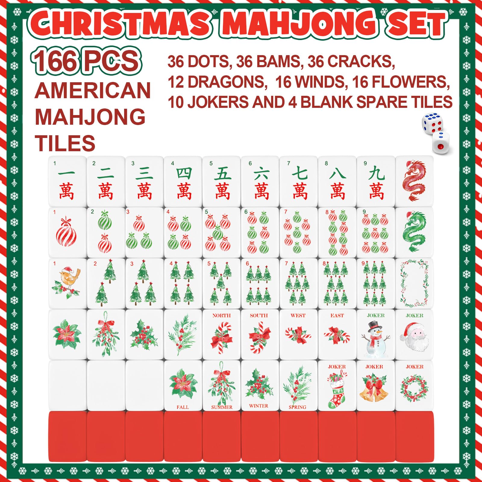 Soulchen American Mahjong - Set di 166 mattonelle, tema acquerello | Scatola portaoggetti in acrilico e dadi, 3 cm, piastrelle incise 3D per adulti e amici, gioco in famiglia notte mahjong