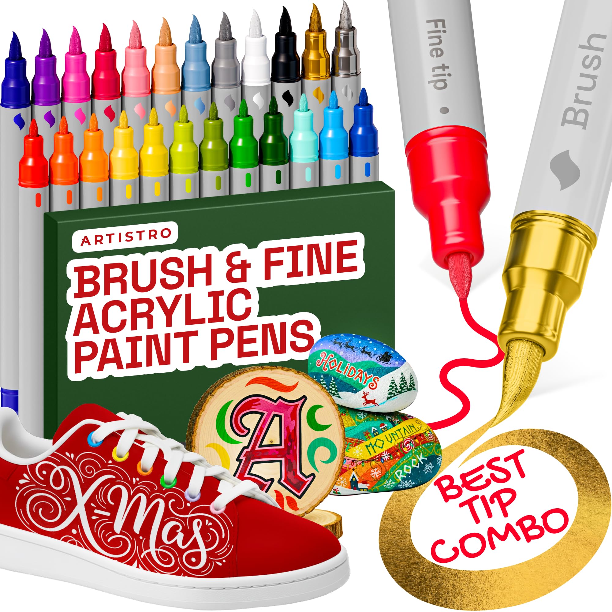 ARTISTRO Dual Tip Acrylic Paint Markers - Easy for All Ages & Levels Acrylic Paint Pens for Fabric, Rocks, Paper, Wood, Canvas, Glass, DIY (Dual Tip Brush + Fine, 24)