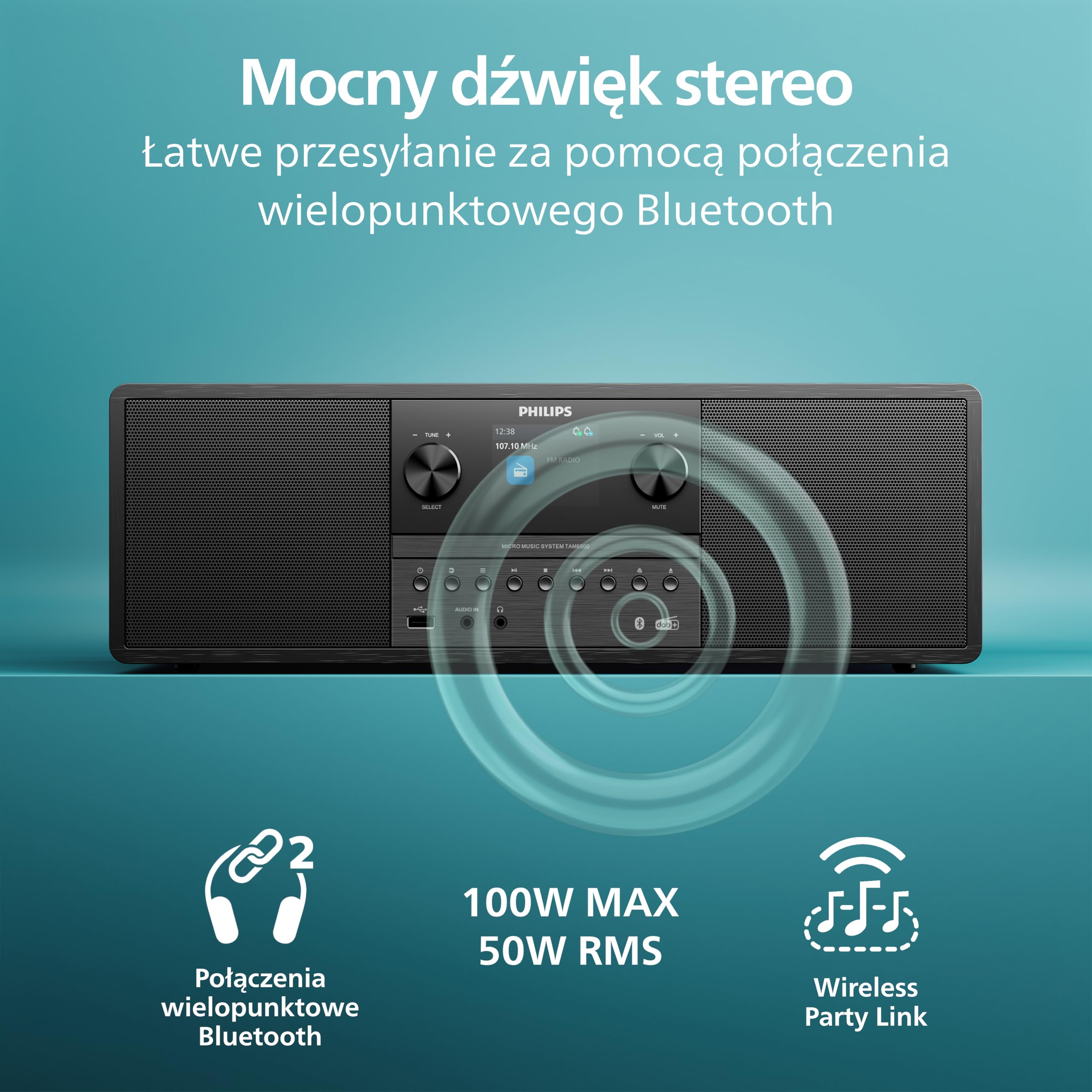 Philips TAM6500/10 Mikrowieża 100 W, Bluetooth 6.0, Auracast, radio DAB+/FM, CD/USB/wejście audio, głośniki Bass‑Reflex, kolorowy wyświetlacz, pilot, plastik pochodzący z recyklingu – czarny