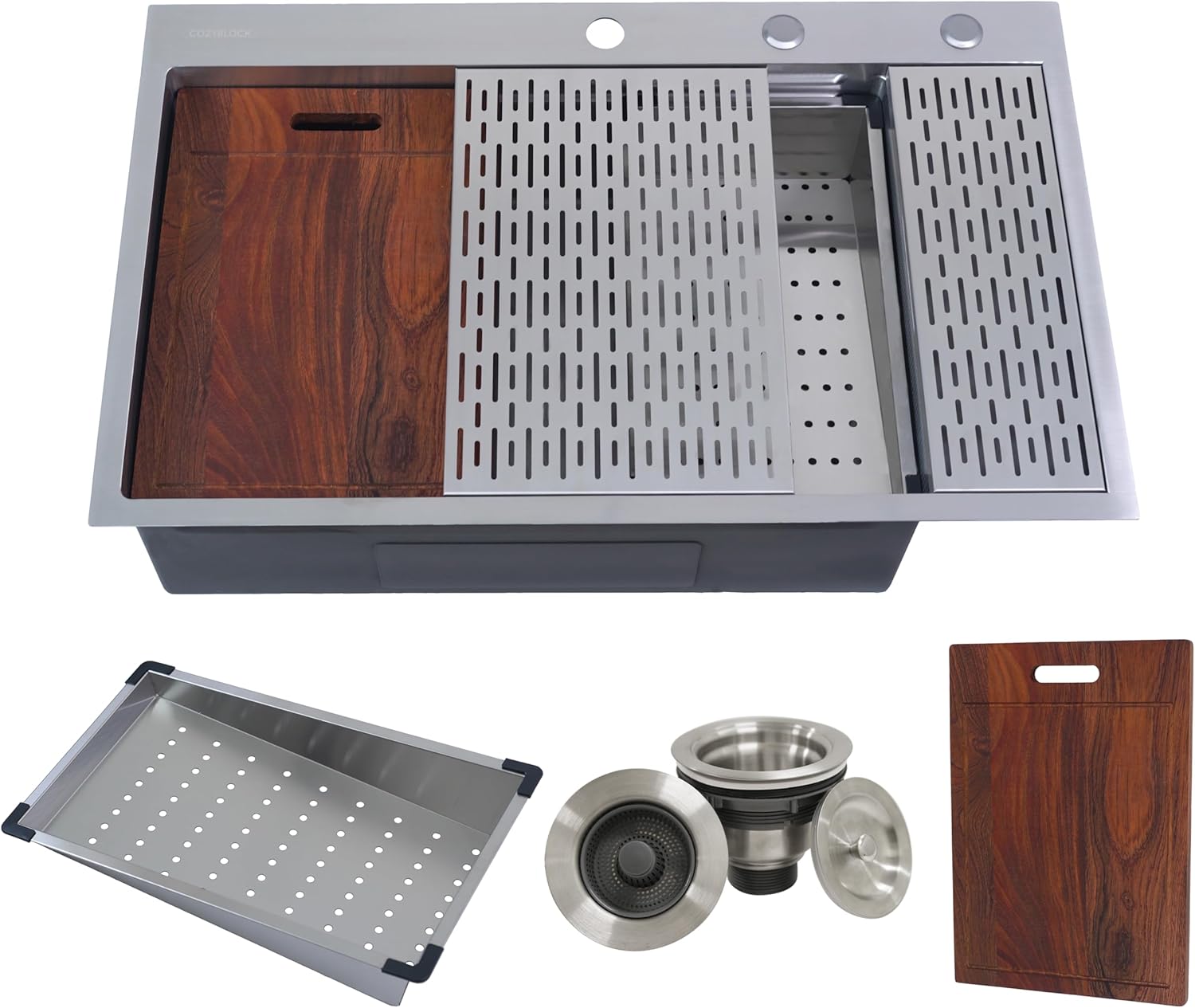 36 Inch CozyBlock EmboPress Series Topmount Workstation Single Bowl Kitchen Sink - Drop In 16 Gauge Stainless Steel with Drainboard, 2-Tier Ledges, Honeycomb Embossed
